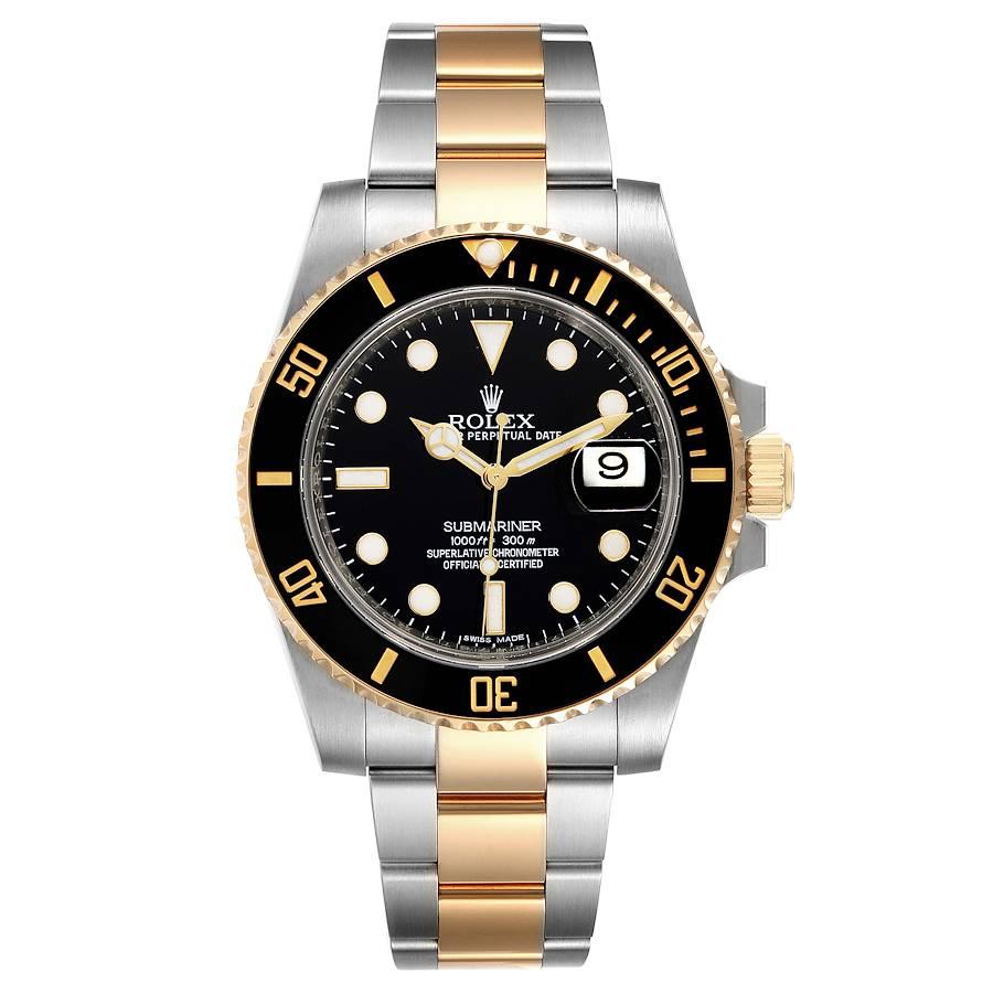 Rolex Submariner Steel Yellow Gold Black Dial Mens Watch 116613 Box Card. Officially certified chronometer self-winding movement. Stainless steel and 18k yellow gold case 40 mm in diameter. Rolex logo on a crown. Ceramic black Ion-plated special