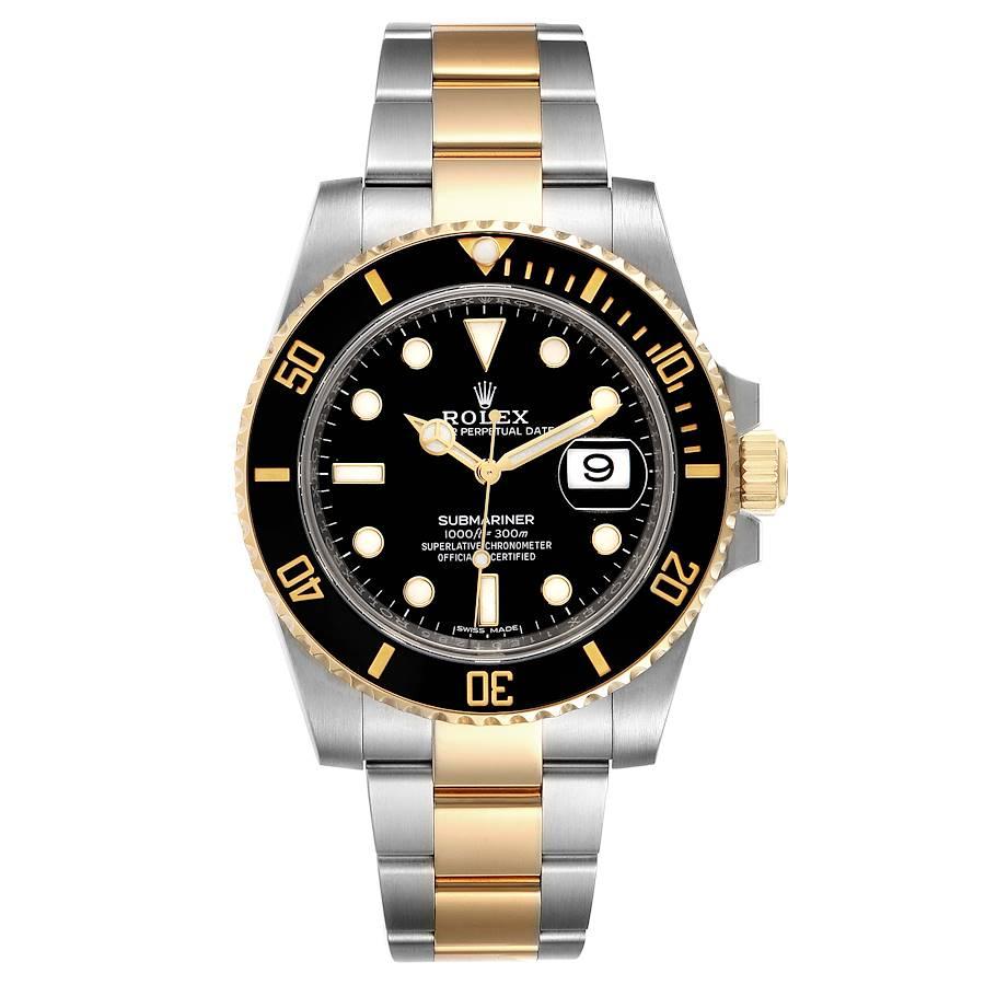 Rolex Submariner Steel Yellow Gold Black Dial Mens Watch 116613 Unworn. Officially certified chronometer self-winding movement. Stainless steel and 18k yellow gold case 40 mm in diameter. Rolex logo on a crown. Ceramic black Ion-plated special