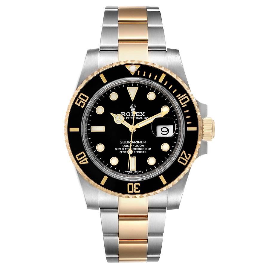 Rolex Submariner Steel Yellow Gold Black Dial Mens Watch 116613 Unworn. Officially certified chronometer self-winding movement. Stainless steel and 18k yellow gold case 40 mm in diameter. Rolex logo on a crown. Ceramic black Ion-plated special
