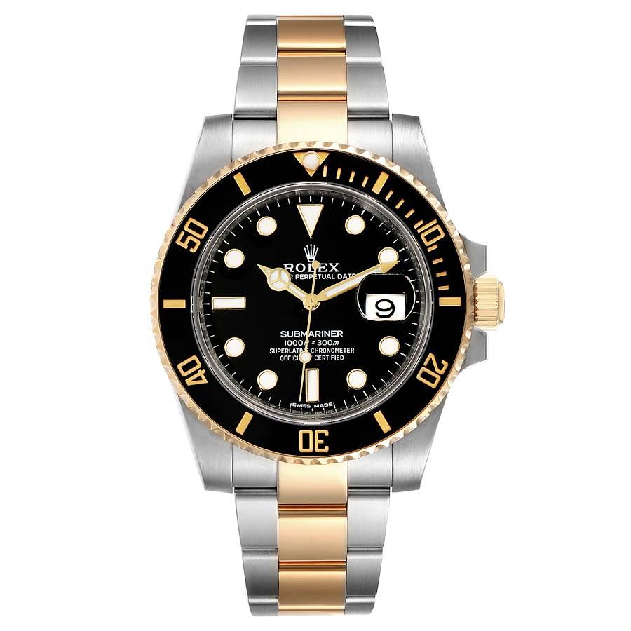 Rolex Submariner Steel Yellow Gold Black Dial Mens Watch 116613 Unworn. Officially certified chronometer self-winding movement. Stainless steel and 18k yellow gold case 40 mm in diameter. Rolex logo on a crown. Ceramic black Ion-plated special
