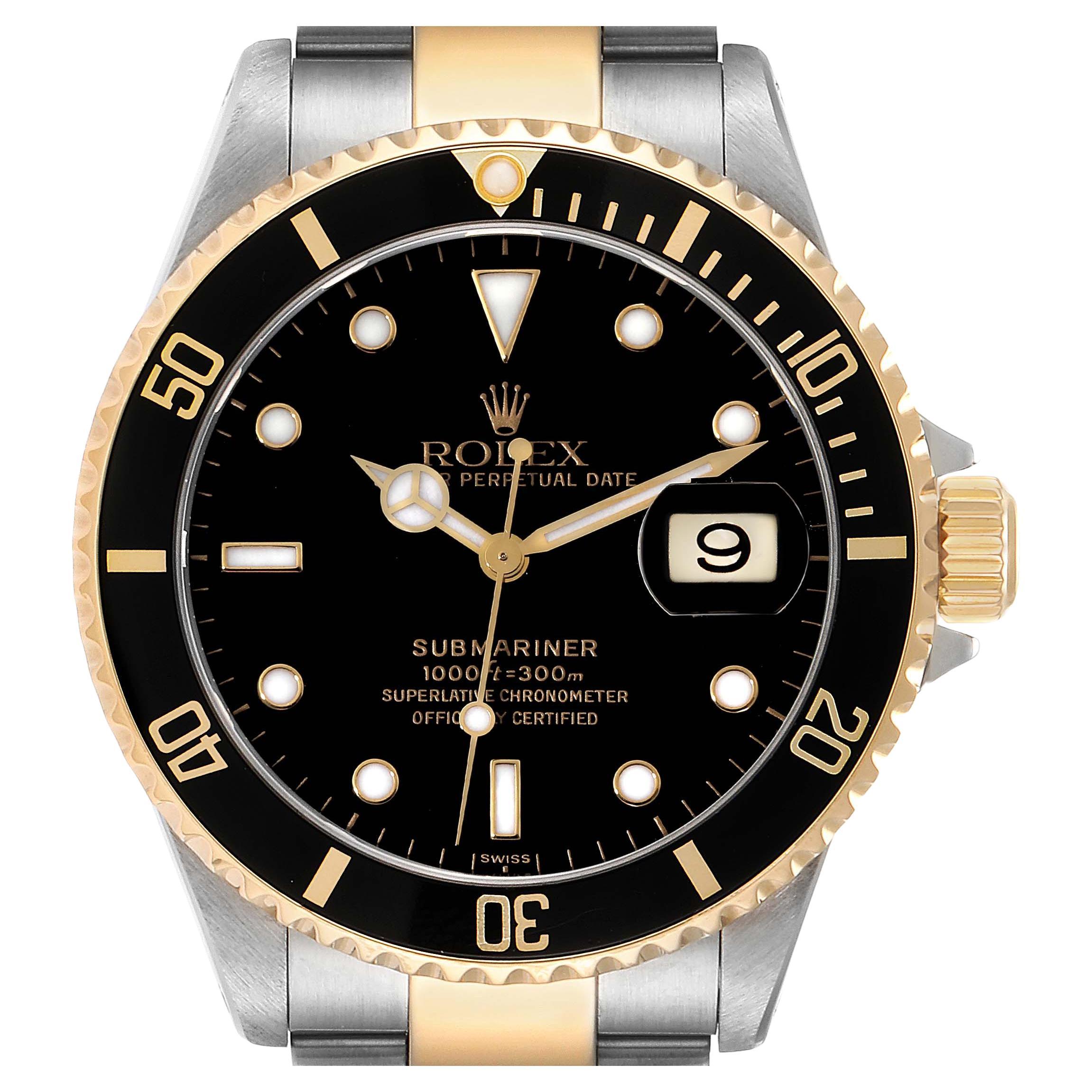 Rolex Submariner Steel Yellow Gold Black Dial Mens Watch 16613 Box Papers For Sale