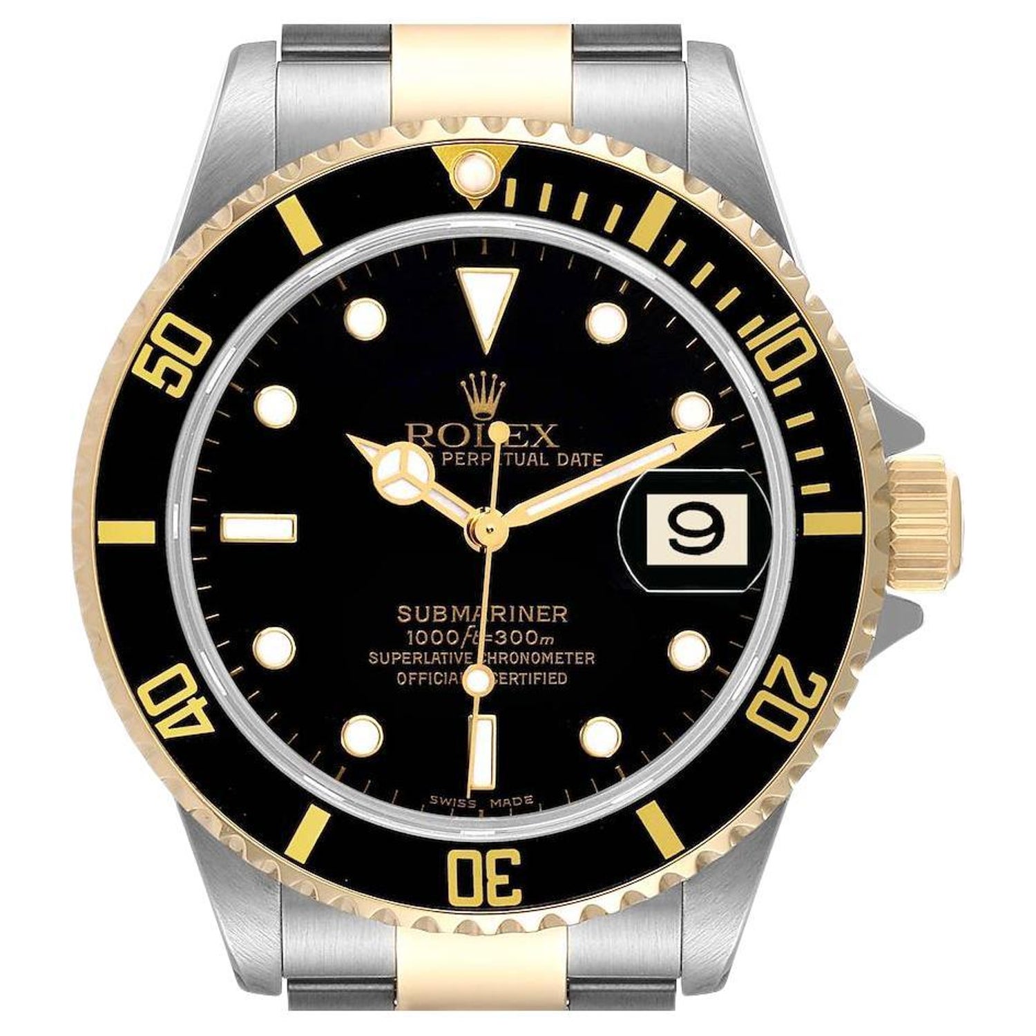 Rolex Submariner Steel Yellow Gold Dial Mens Watch 16613 For Sale 1stDibs