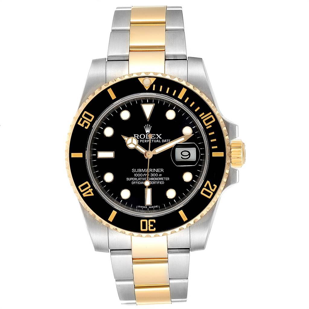Rolex Submariner Steel Yellow Gold Black Dial Steel Mens Watch 116613. Officially certified chronometer self-winding movement. Stainless steel and 18k yellow gold case 40 mm in diameter. Rolex logo on a crown. Ceramic black Ion-plated special