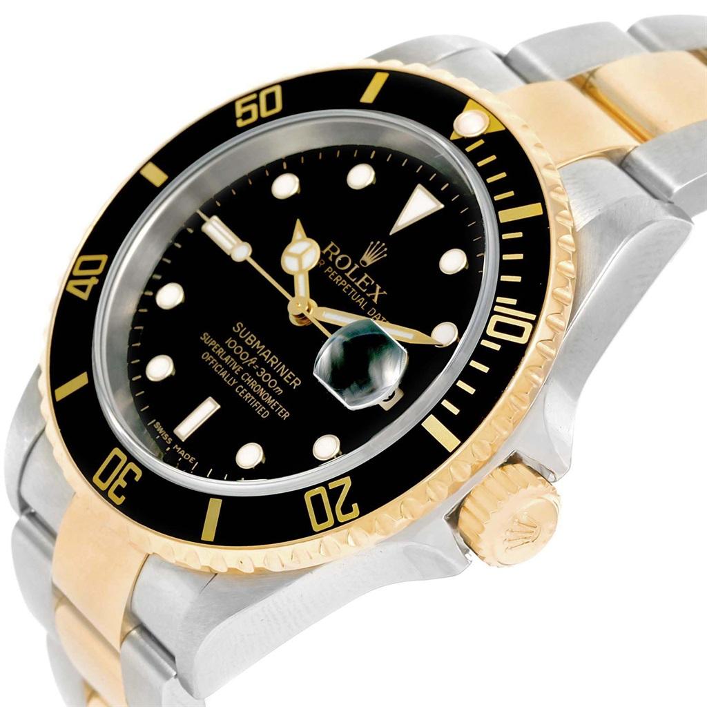 Rolex Submariner Steel Yellow Gold Black Dial Steel Mens Watch 16613. Officially certified chronometer automatic self-winding movement. Stainless steel and 18k yellow gold case 40 mm in diameter. Rolex logo on a crown. Black insert special