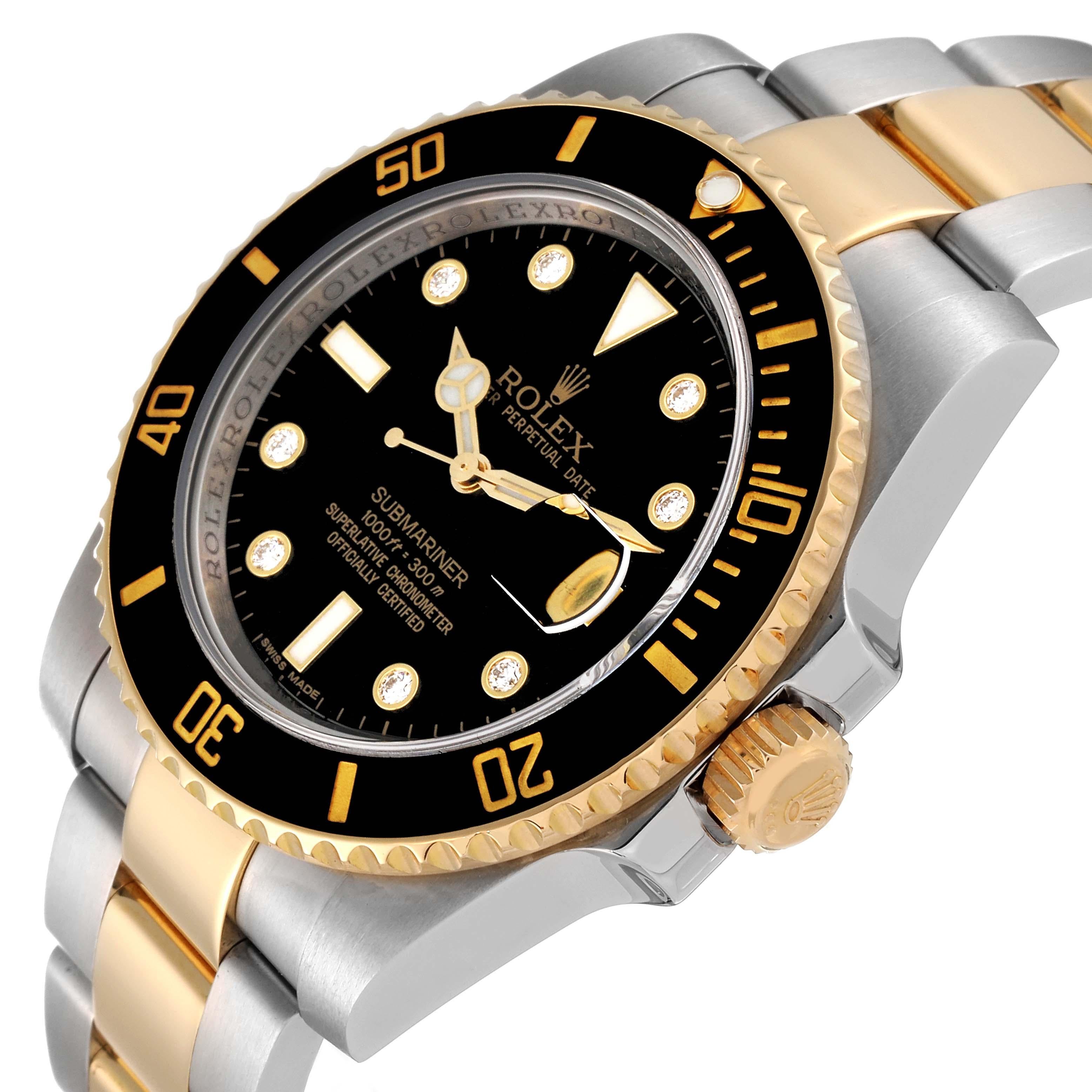 Rolex Submariner Steel Yellow Gold Black Diamond Dial Mens Watch 116613 Box Card For Sale 7