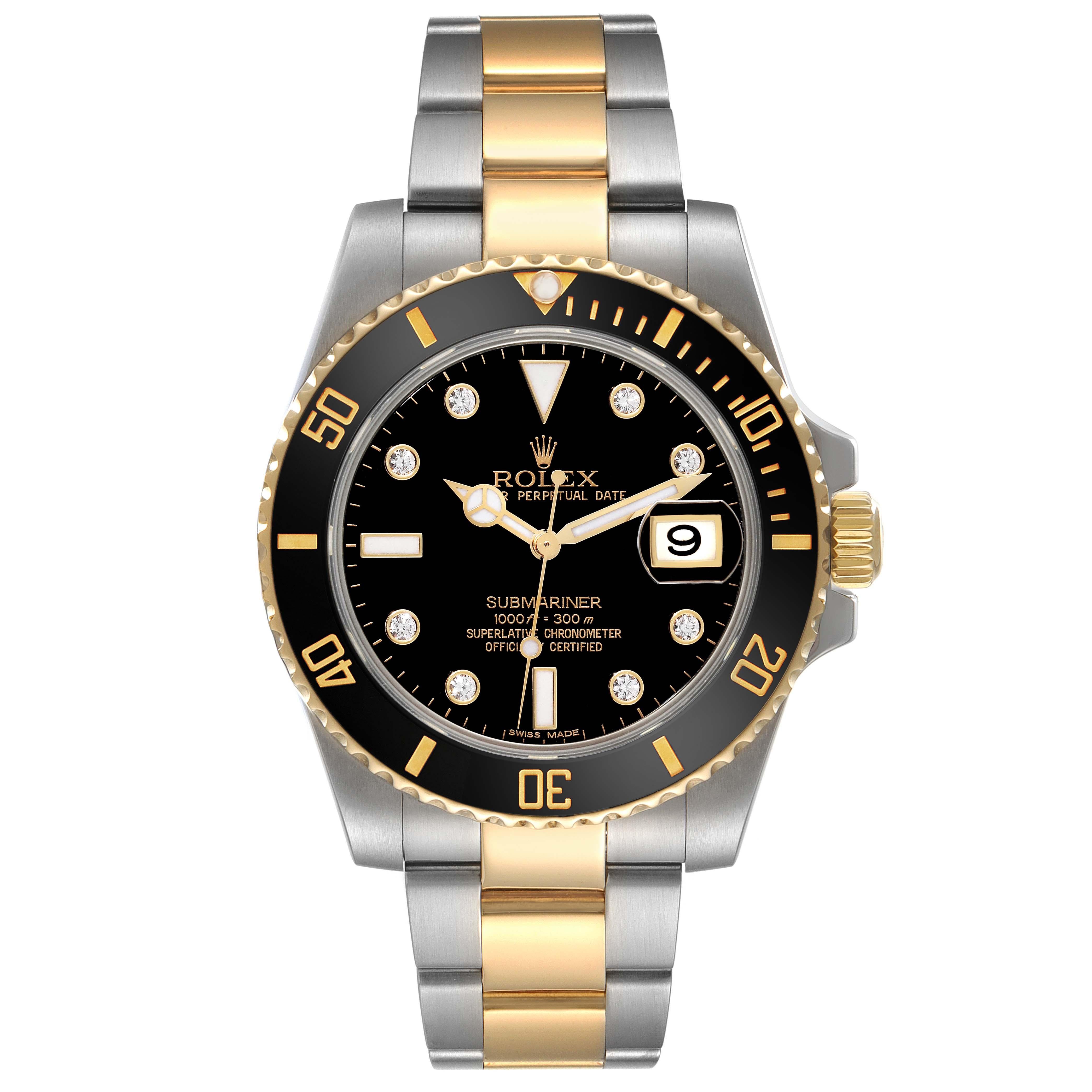 Rolex Submariner Steel Yellow Gold Black Diamond Dial Mens Watch 116613 Box Card In Excellent Condition For Sale In Atlanta, GA