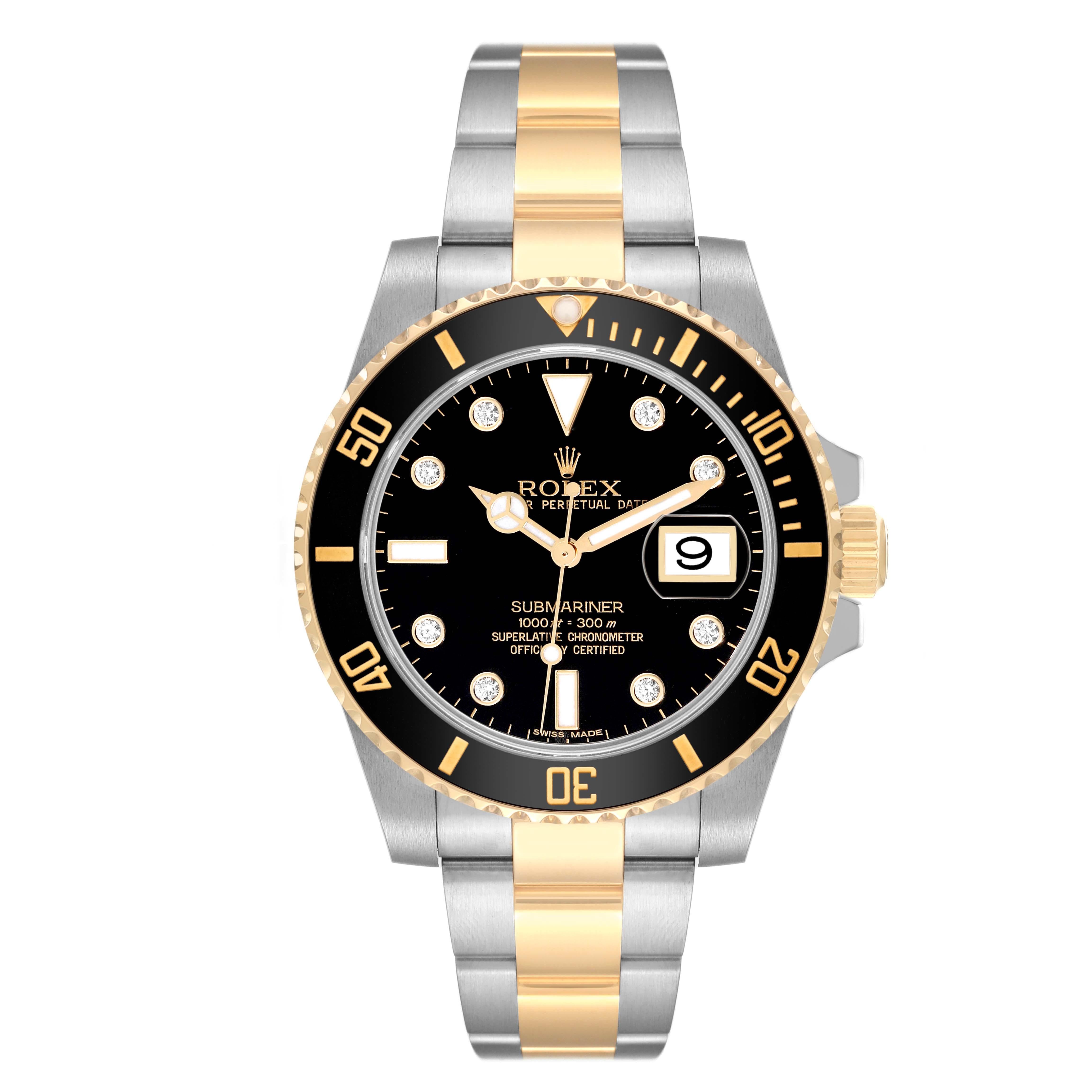 Men's Rolex Submariner Steel Yellow Gold Black Diamond Dial Mens Watch 116613 Box Card For Sale