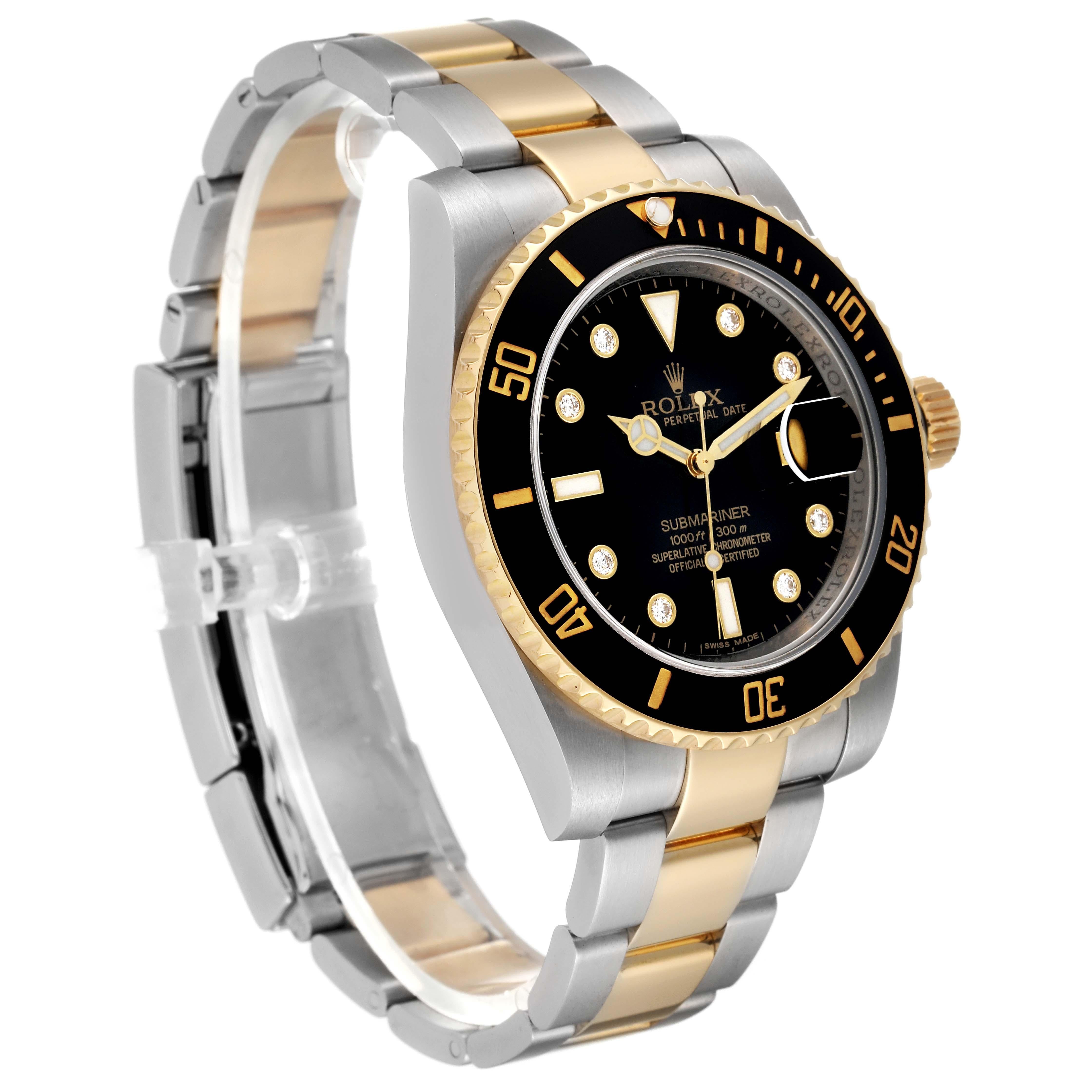 Men's Rolex Submariner Steel Yellow Gold Black Diamond Dial Mens Watch 116613 Box Card For Sale