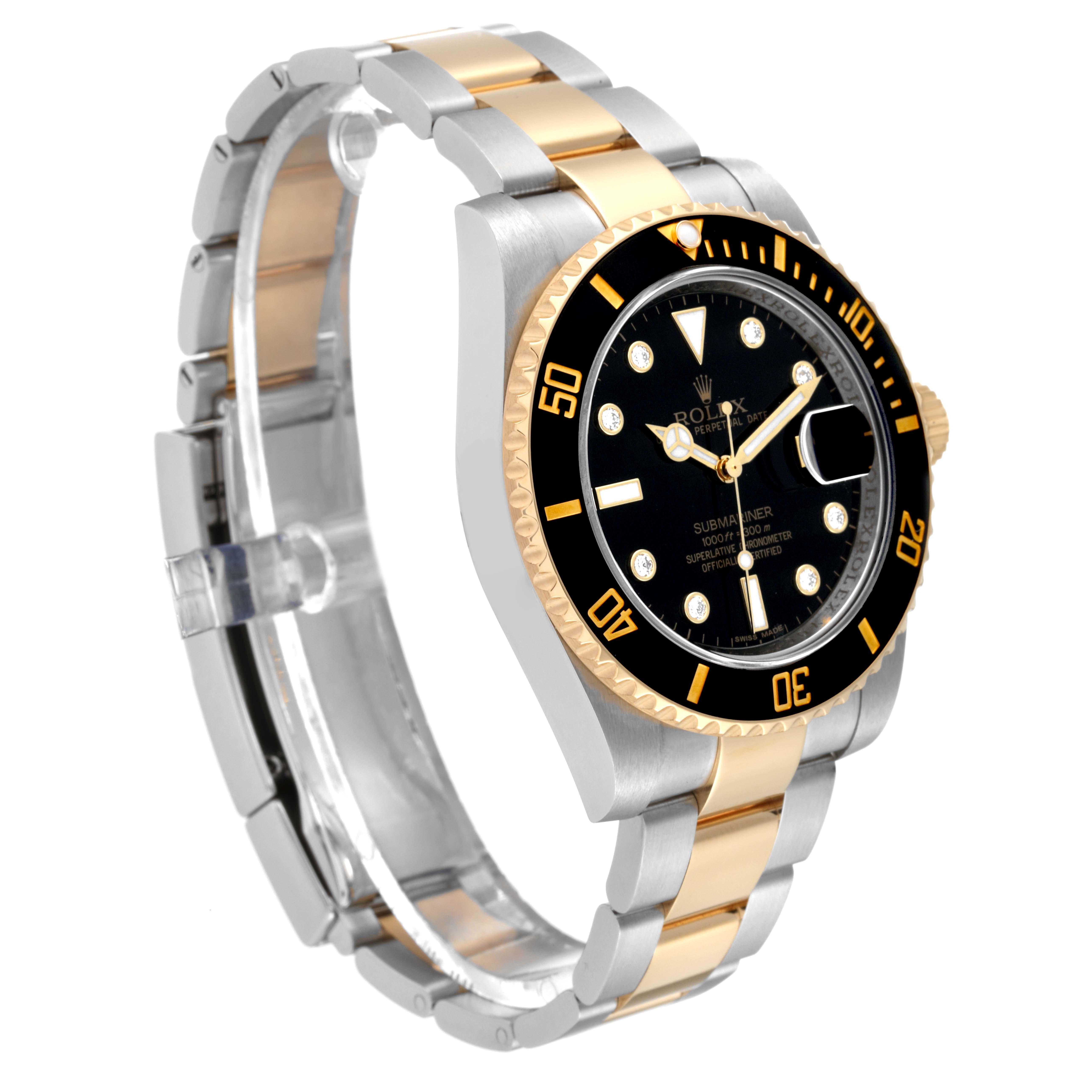 Rolex Submariner Steel Yellow Gold Black Diamond Dial Mens Watch 116613 Box Card For Sale 1