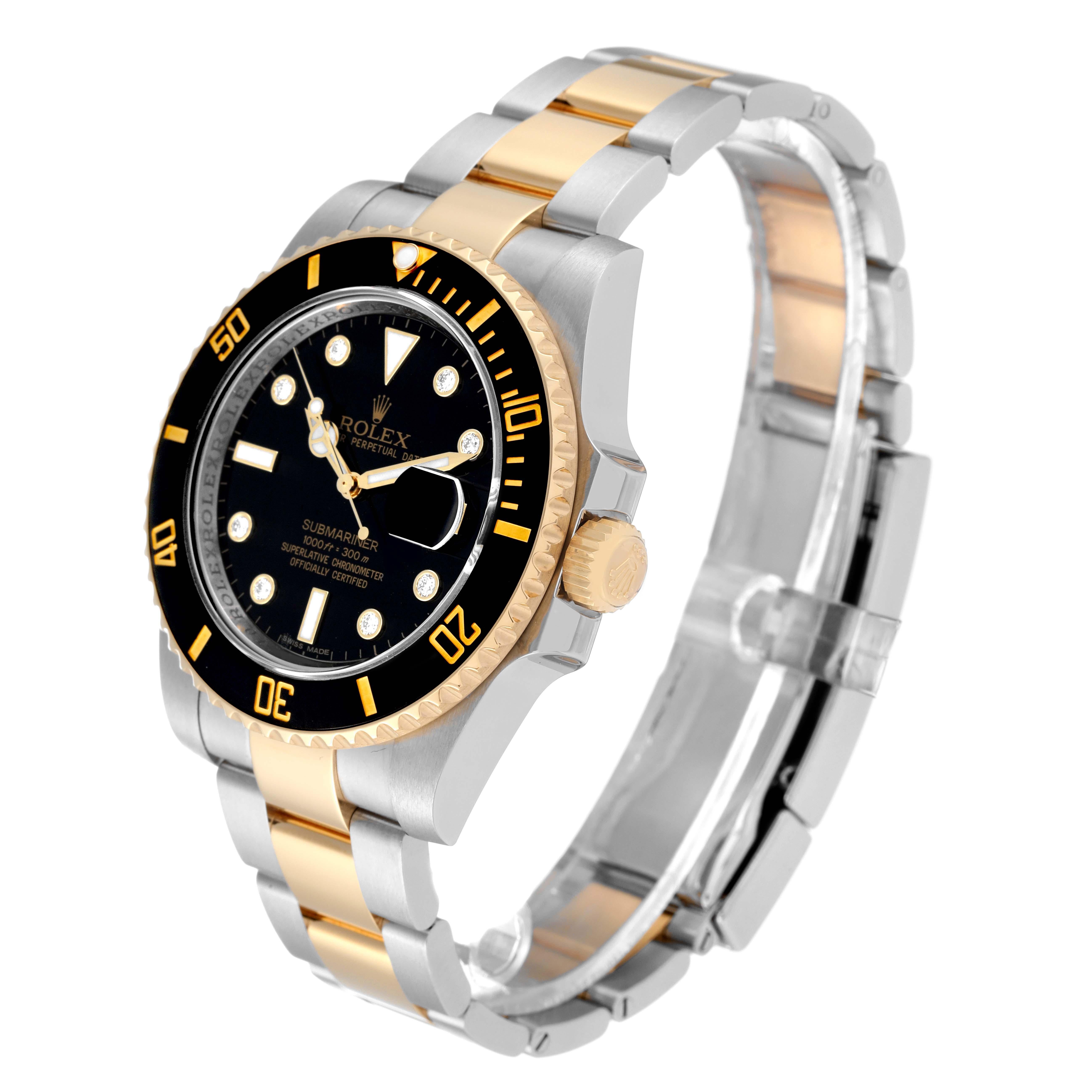 Rolex Submariner Steel Yellow Gold Black Diamond Dial Mens Watch 116613 Box Card For Sale 2