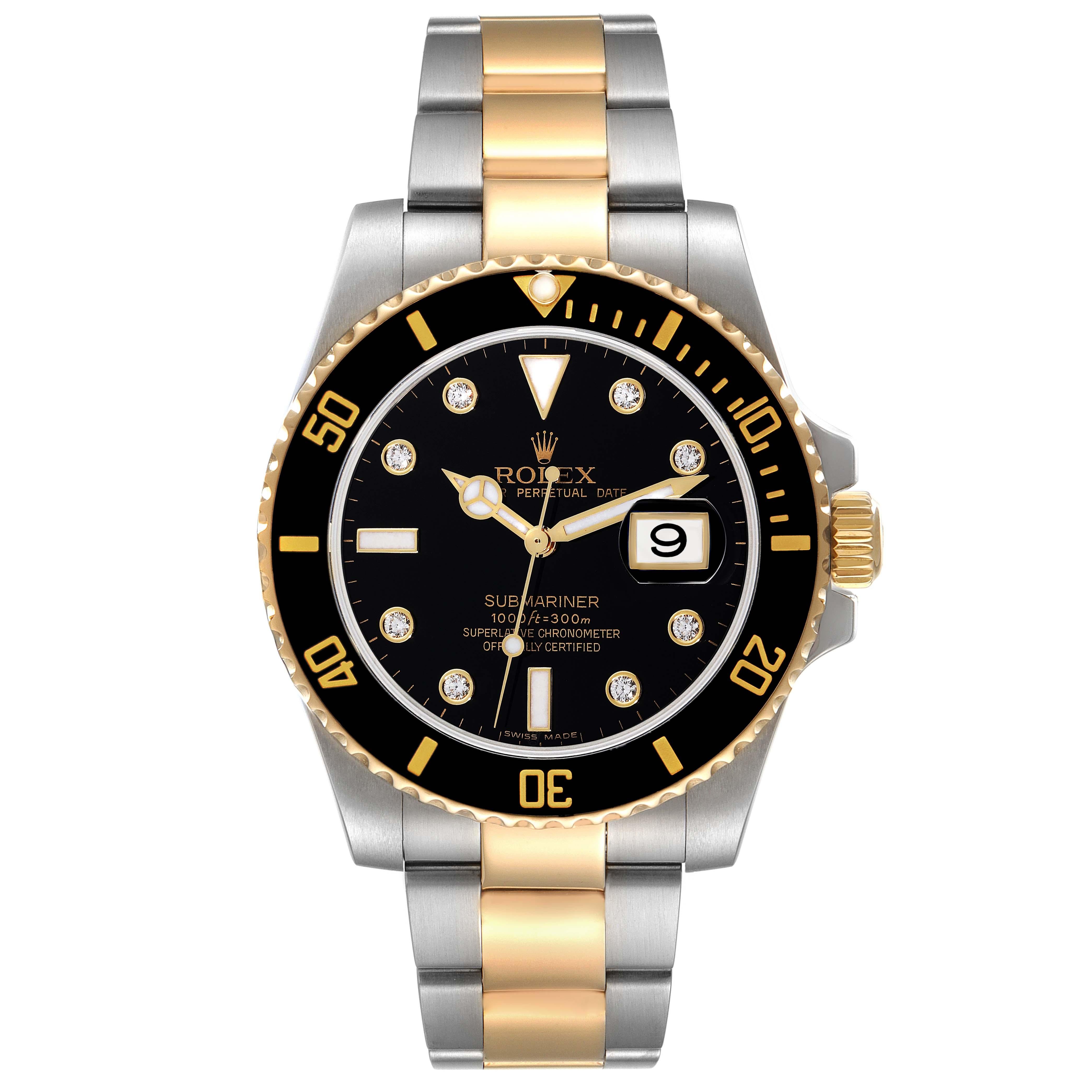 Rolex Submariner Steel Yellow Gold Black Diamond Dial Mens Watch 116613. Officially certified chronometer self-winding movement. Stainless steel and 18k yellow gold case 40.0 mm in diameter. Rolex logo on a crown. Ceramic black ion-plated special