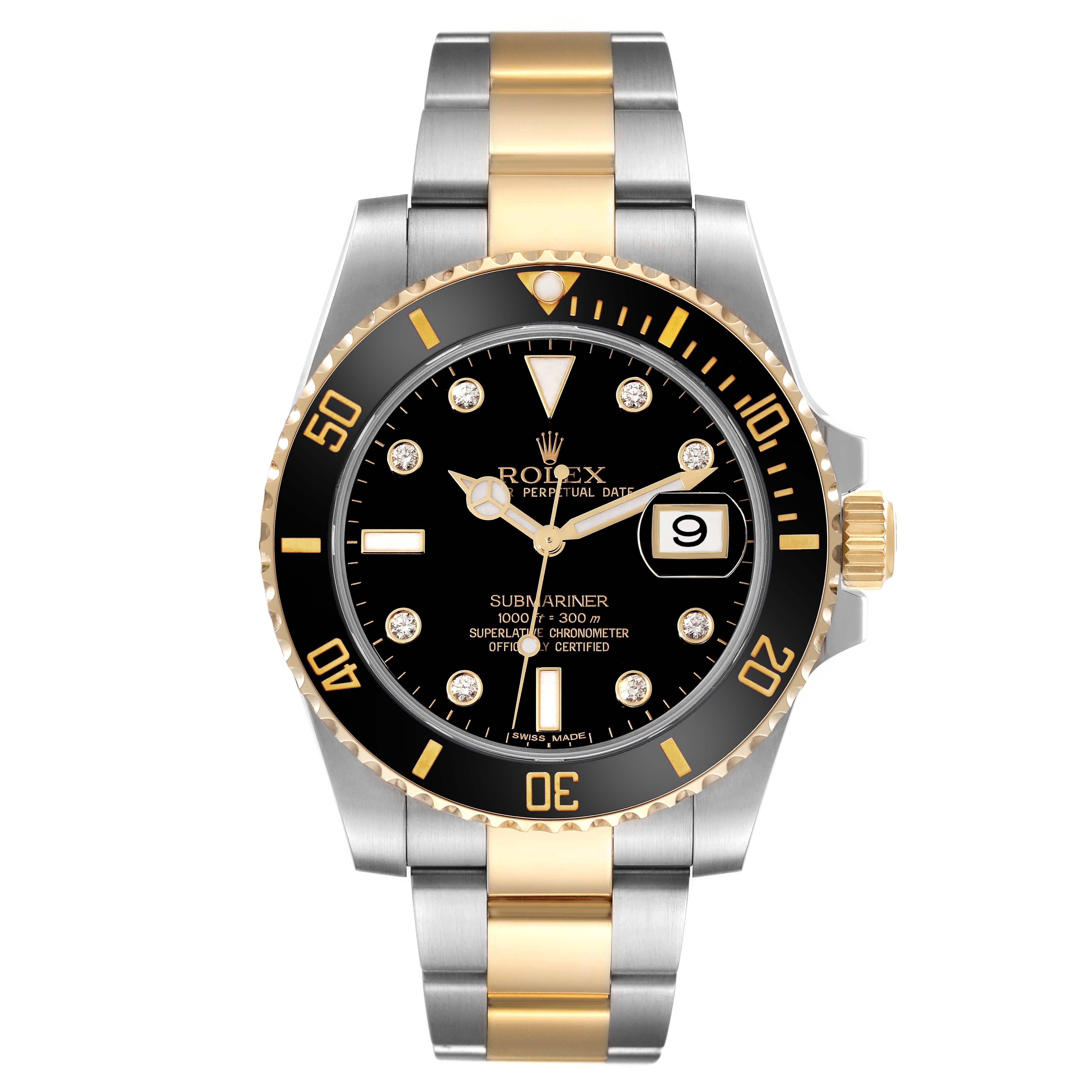 Men's Rolex Submariner Steel Yellow Gold Black Diamond Dial Mens Watch 116613 For Sale