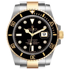 Rolex Submariner Steel Yellow Gold Black Diamond Dial Mens Watch 116613