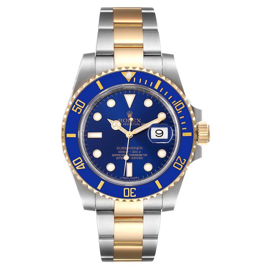Rolex Submariner Steel Yellow Gold Blue Dial Mens Watch 116613 Box Card. Officially certified chronometer self-winding movement. Stainless steel and 18k yellow gold case 40.0 mm in diameter. Rolex logo on a crown. Ceramic blue Ion-plated special