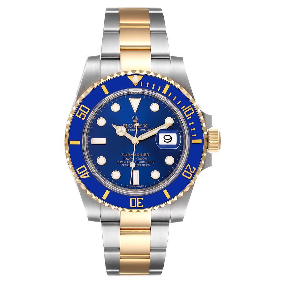 Rolex Submariner Steel Yellow Gold Blue Dial Mens Watch 116613 Box Card. Officially certified chronometer self-winding movement. Stainless steel and 18k yellow gold case 40.0 mm in diameter. Rolex logo on a crown. Ceramic blue Ion-plated special