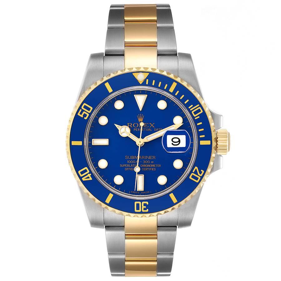 Rolex Submariner Steel Yellow Gold Blue Dial Mens Watch 116613 Box Card. Officially certified chronometer self-winding movement. Stainless steel and 18k yellow gold case 40.0 mm in diameter. Rolex logo on a crown. Ceramic blue Ion-plated special