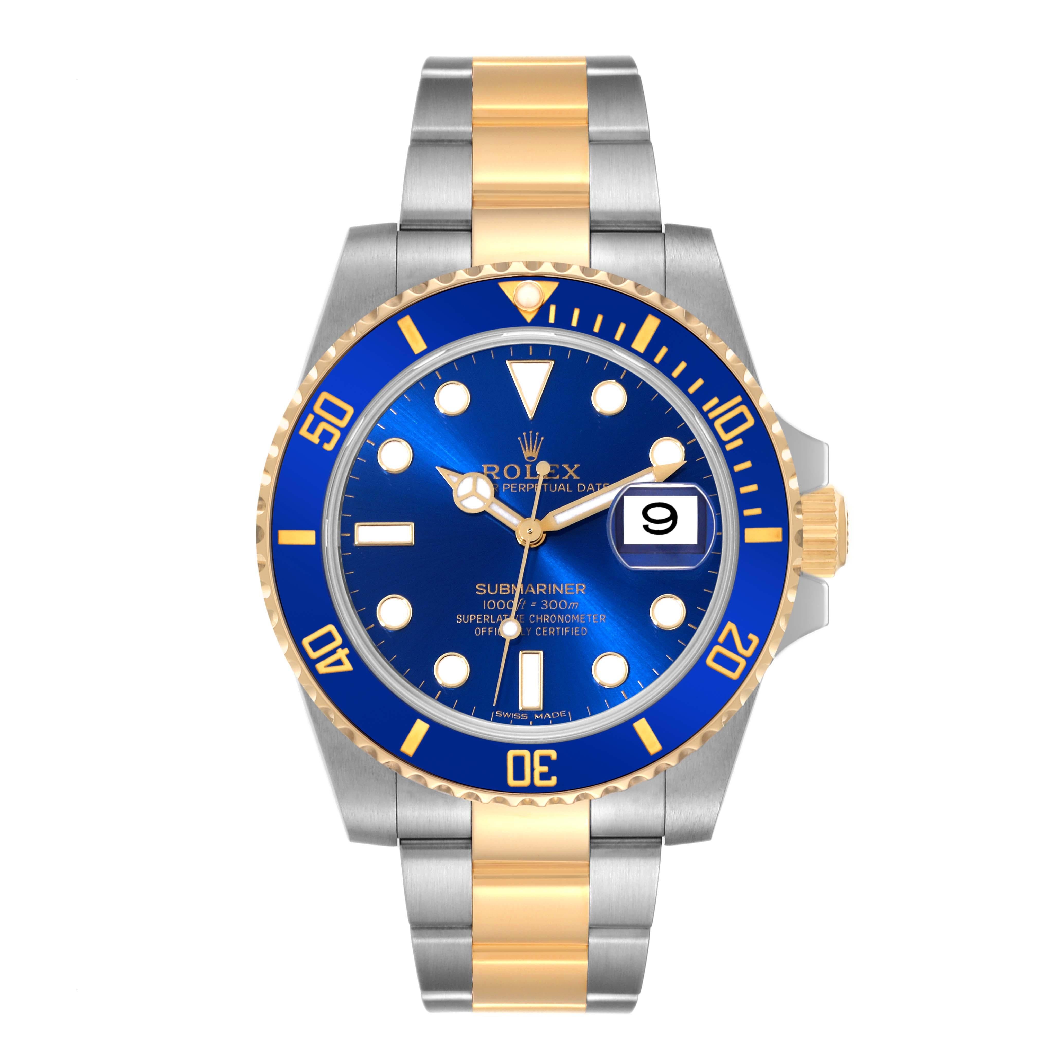Rolex Submariner Steel Yellow Gold Blue Dial Mens Watch 116613 Box Card. Officially certified chronometer self-winding movement. Stainless steel and 18k yellow gold case 40.0 mm in diameter. Rolex logo on the crown. Ceramic blue Ion-plated special