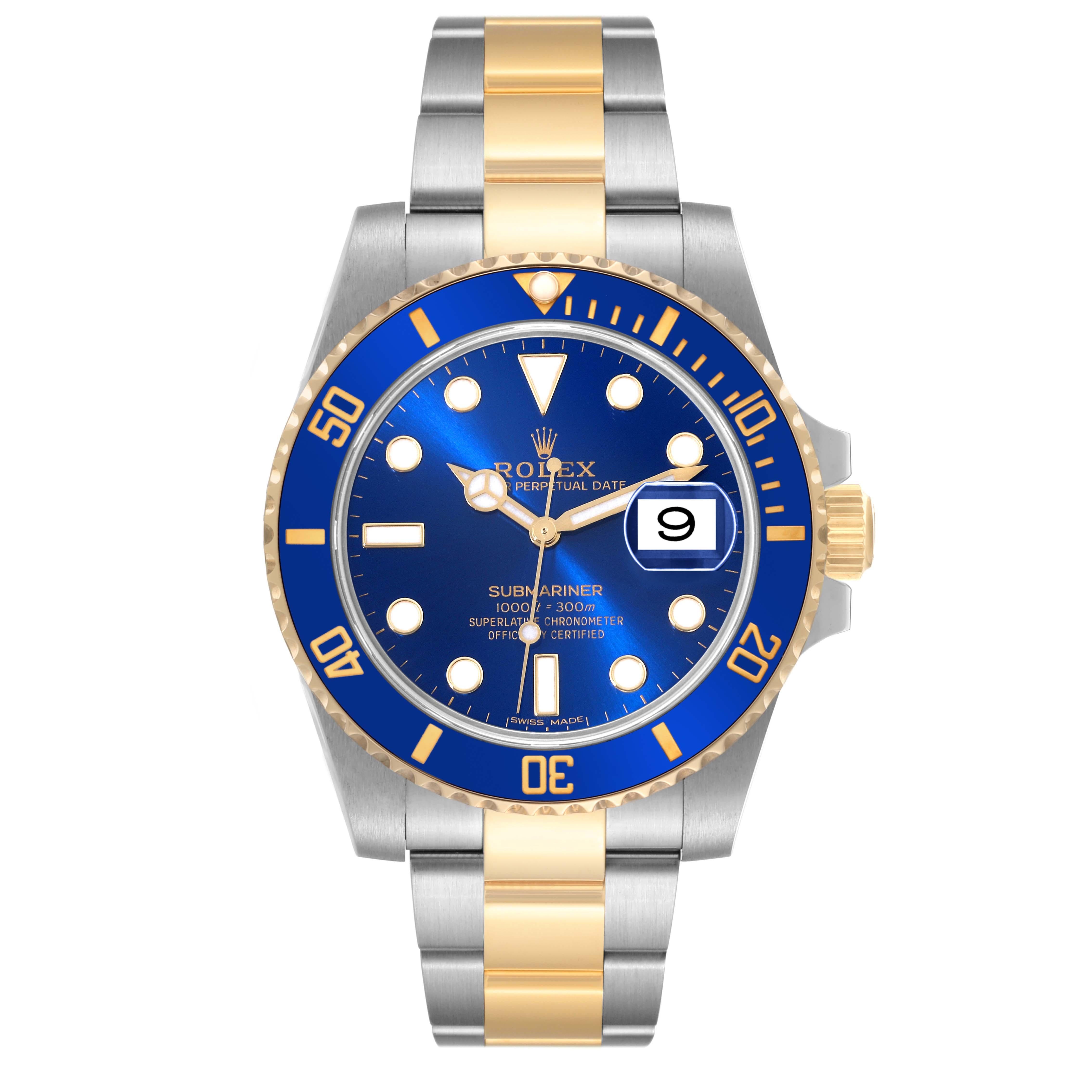 Rolex Submariner Steel Yellow Gold Blue Dial Mens Watch 116613 Box Card. Officially certified chronometer self-winding movement. Stainless steel and 18k yellow gold case 40.0 mm in diameter. Rolex logo on the crown. Ceramic blue Ion-plated special