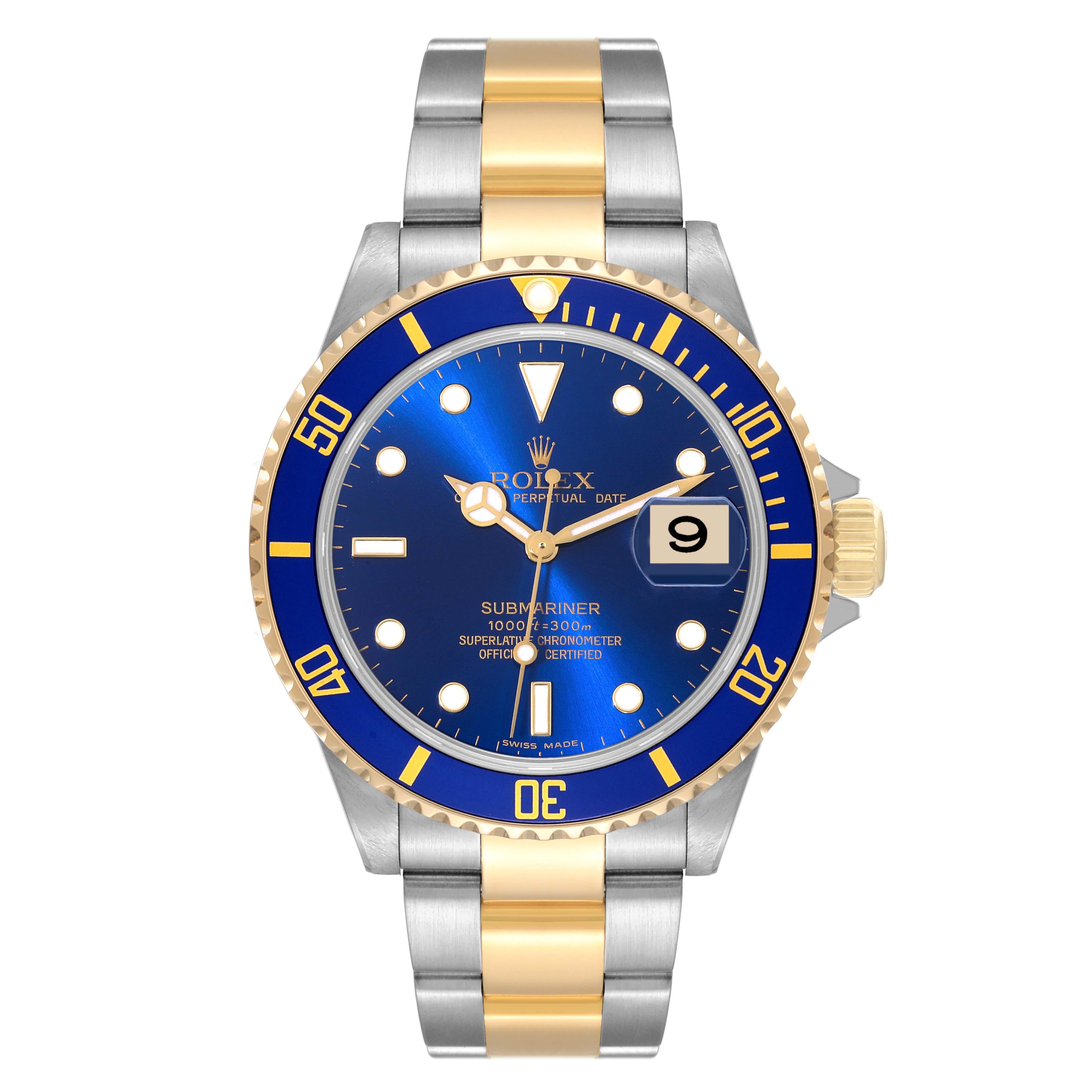 Rolex Submariner Steel Yellow Gold Blue Dial Mens Watch 116613 Box Card. Officially certified chronometer automatic self-winding movement. Stainless steel and 18k yellow gold case 40.0 mm in diameter. Rolex logo on the crown. Ceramic blue Ion-plated