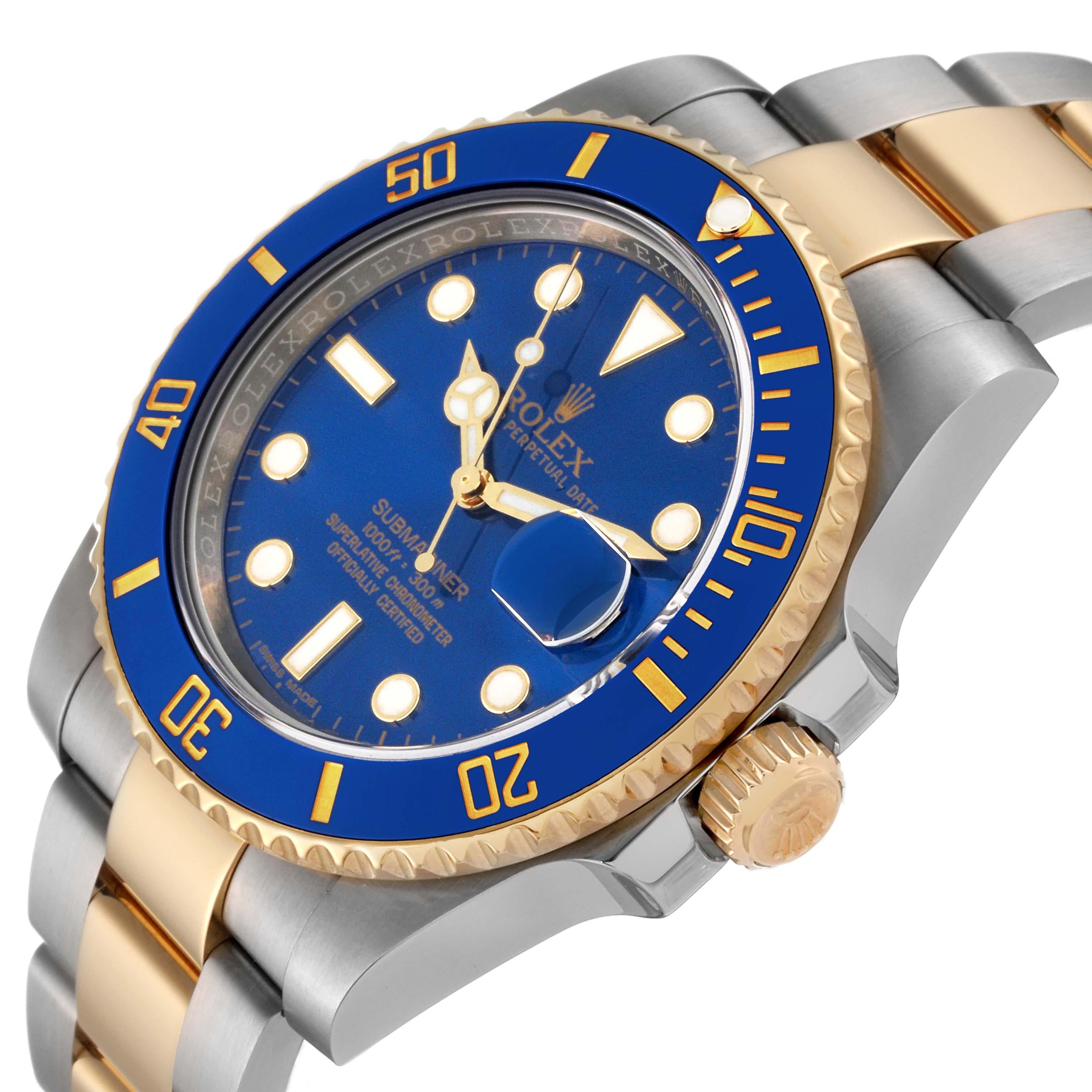 Rolex Submariner Steel Yellow Gold Blue Dial Mens Watch 116613 Box Card In Excellent Condition For Sale In Atlanta, GA