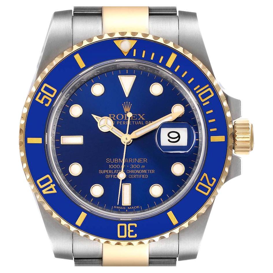 Rolex Submariner Steel Yellow Gold Blue Dial Mens Watch 116613 Box Card For Sale