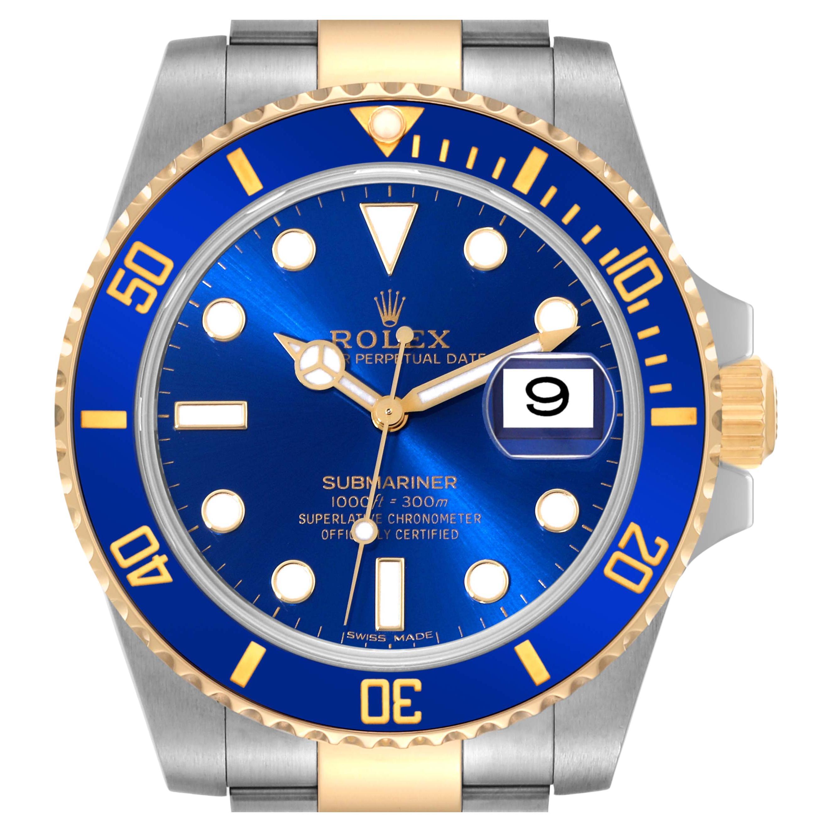 Rolex Submariner Steel Yellow Gold Blue Dial Mens Watch 116613 Box Card