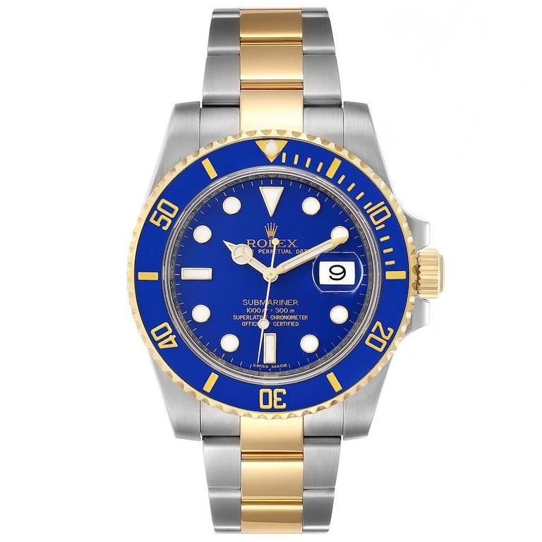 Rolex Submariner Steel Yellow Gold Blue Dial Mens Watch 116613. Officially certified chronometer self-winding movement. Stainless steel and 18k yellow gold case 40.0 mm in diameter. Rolex logo on a crown. Ceramic blue Ion-plated special time-lapse