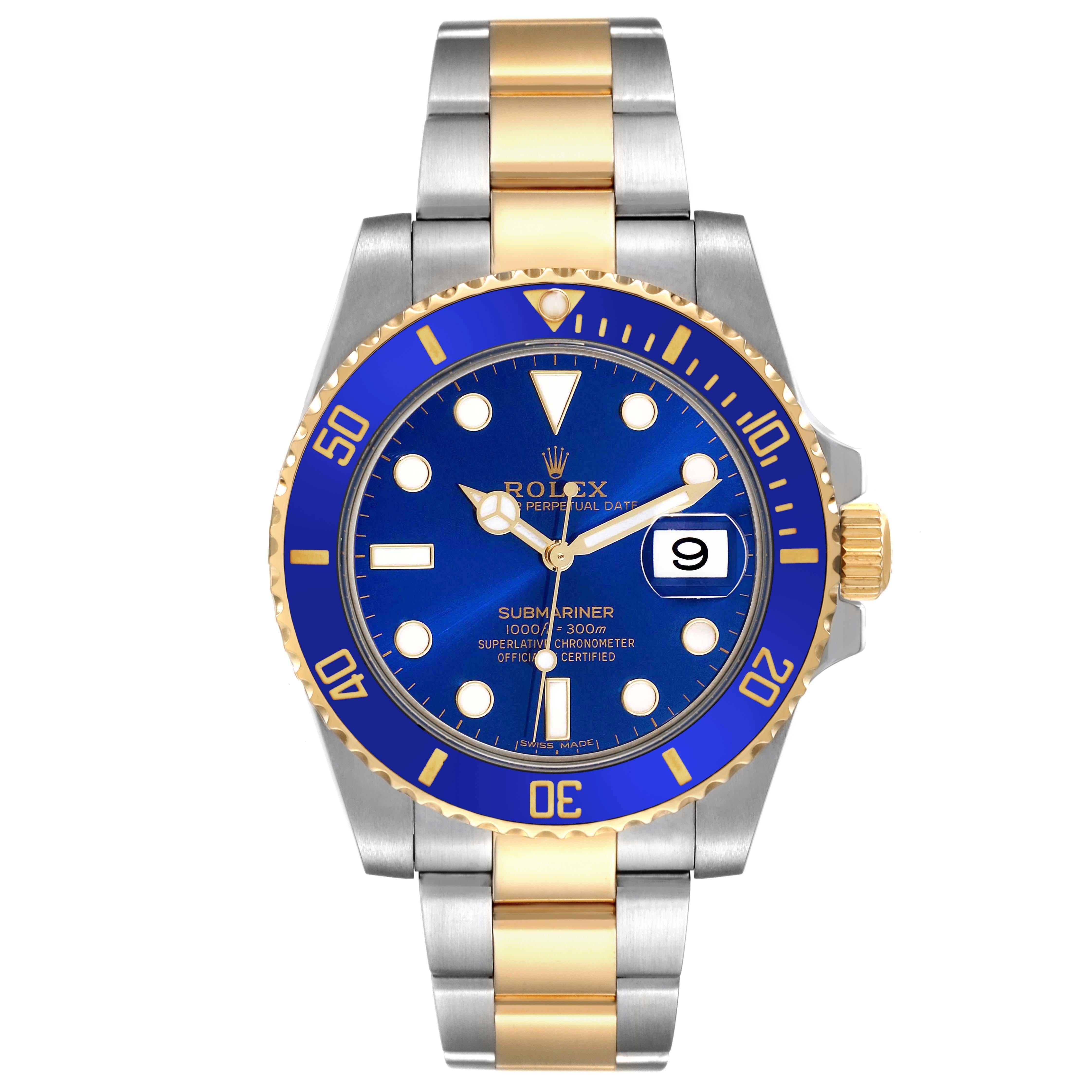Rolex Submariner Steel Yellow Gold Blue Dial Mens Watch 116613. Officially certified chronometer self-winding movement. Stainless steel and 18k yellow gold case 40.0 mm in diameter. Rolex logo on a crown. Ceramic blue Ion-plated special time-lapse
