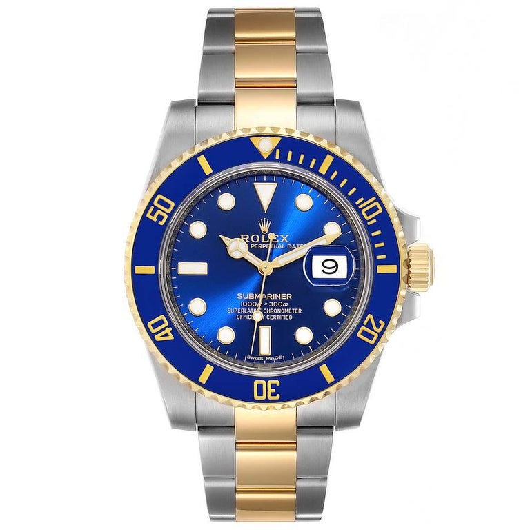 Rolex Submariner Steel Yellow Gold Blue Dial Mens Watch 116613 Unworn. Officially certified chronometer self-winding movement. Stainless steel and 18k yellow gold case 40.0 mm in diameter. Rolex logo on a crown. Ceramic blue Ion-plated special