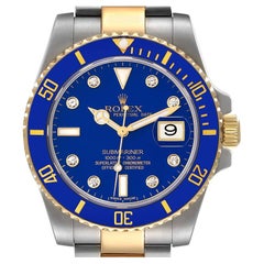 Rolex Submariner Steel Yellow Gold Blue Diamond Dial Mens Watch 116613 Box Card