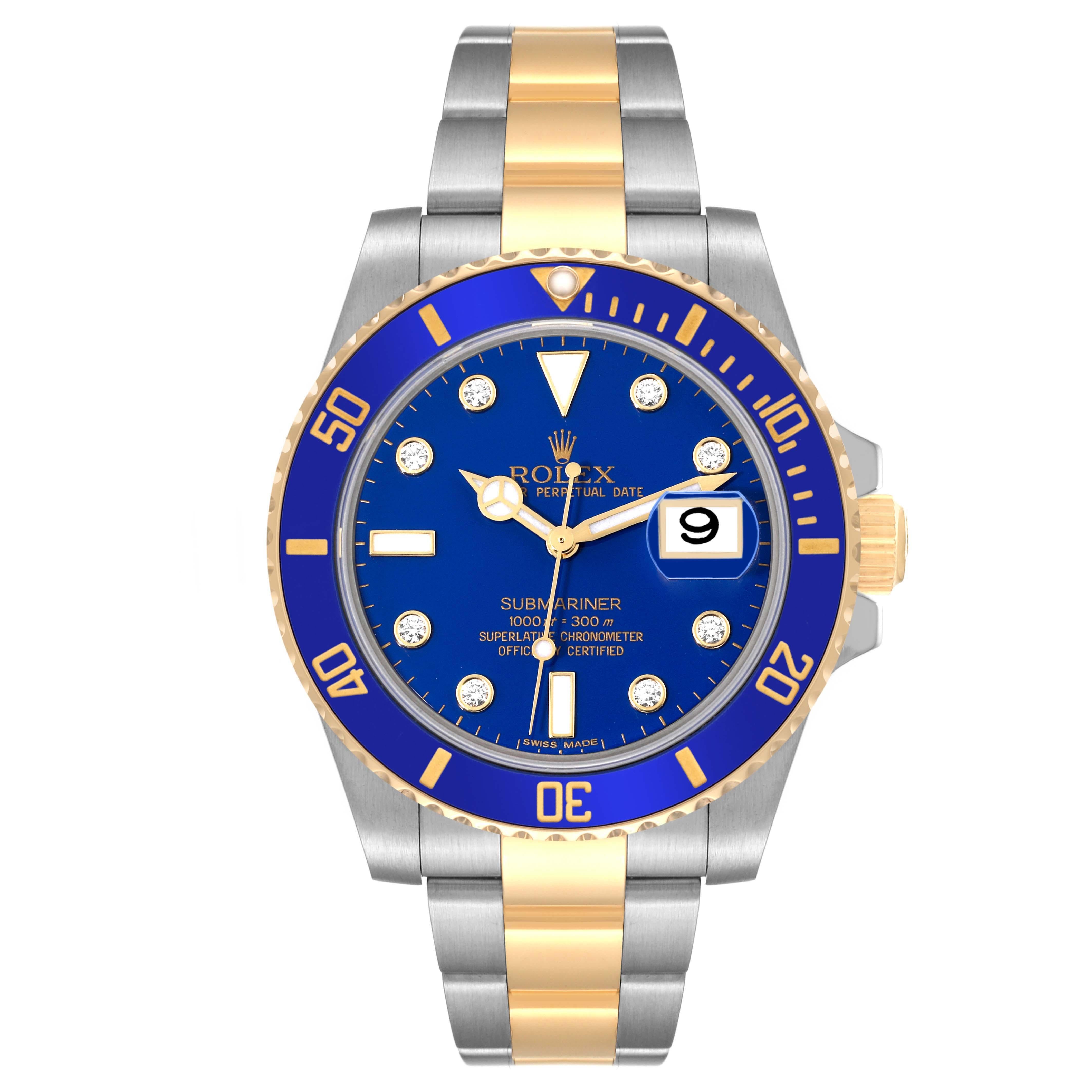 Rolex Submariner Steel Yellow Gold Blue Diamond Dial Mens Watch 116613. Officially certified chronometer self-winding movement. Stainless steel and 18k yellow gold case 40.0 mm in diameter. Rolex logo on a crown. Ceramic blue Ion-plated special