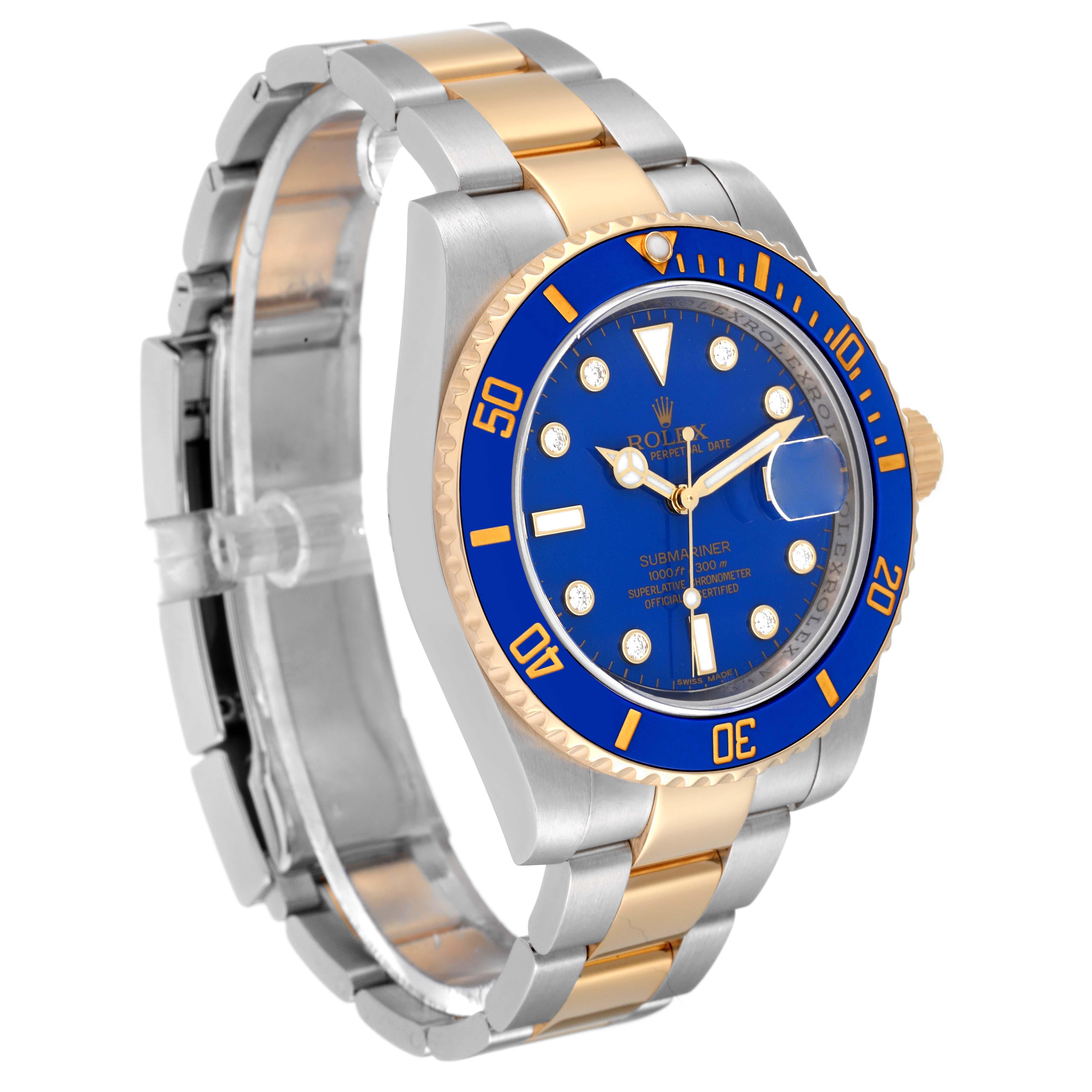Rolex Submariner Steel Yellow Gold Blue Diamond Dial Mens Watch 116613 In Excellent Condition For Sale In Atlanta, GA