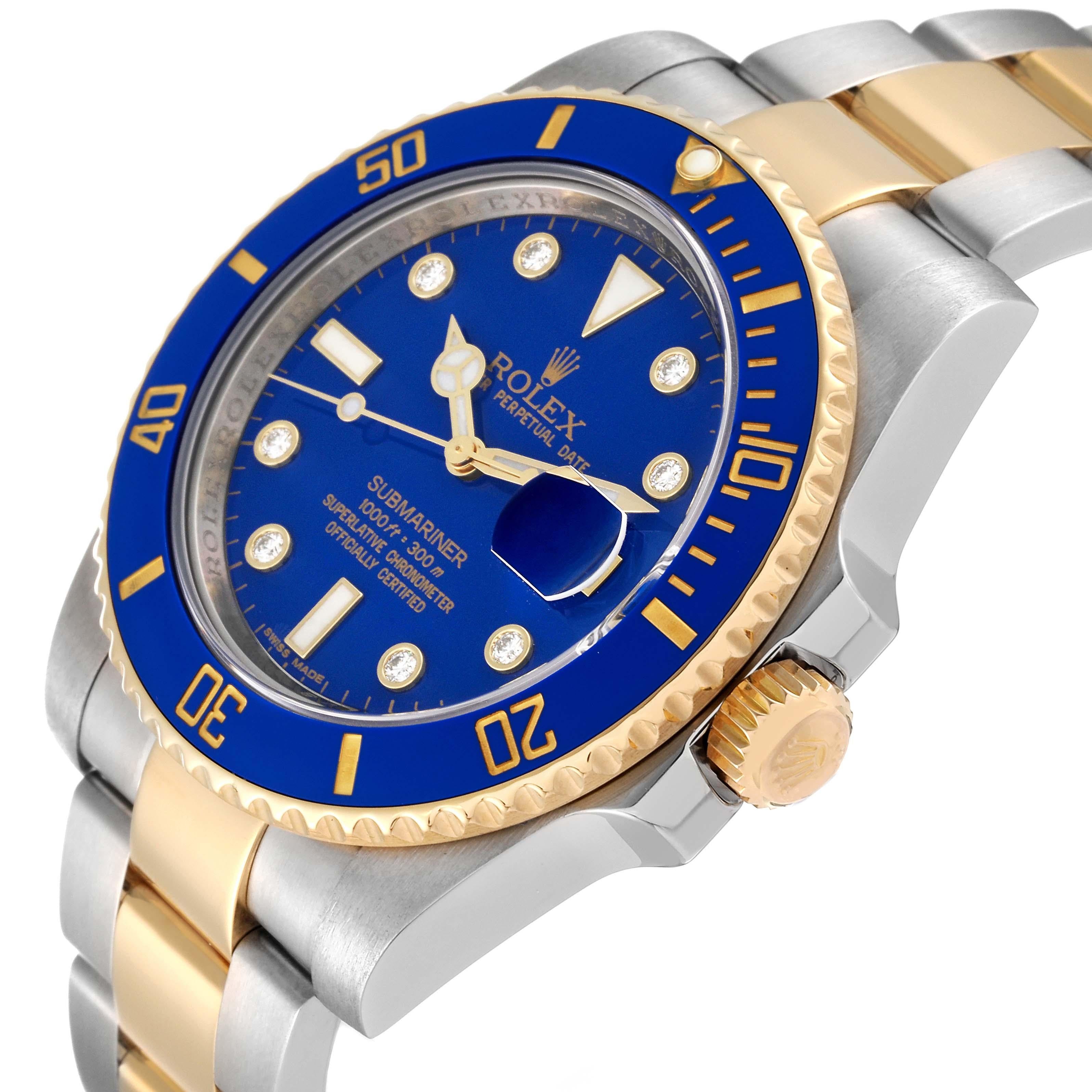Rolex Submariner Steel Yellow Gold Blue Diamond Dial Mens Watch 116613 For Sale 1