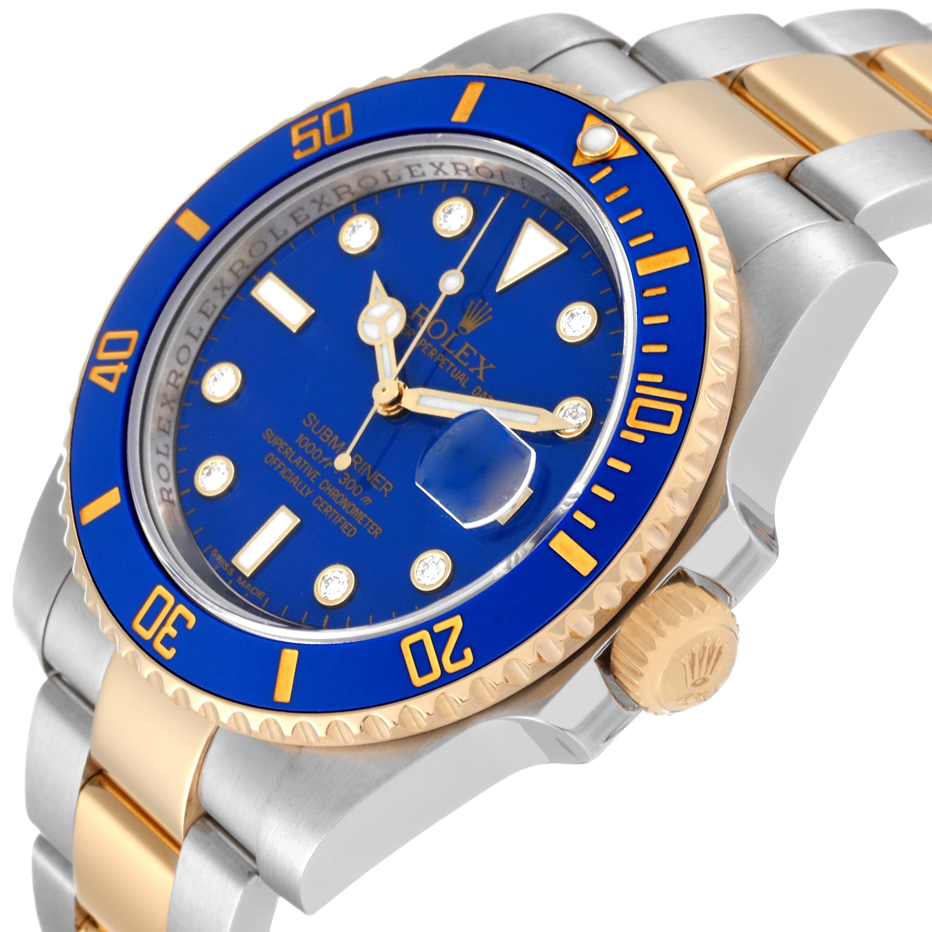 Rolex Submariner Stahl Gelbgold Blaues Diamant-Zifferblatt Herrenuhr 116613 im Zustand „Hervorragend“ im Angebot in Atlanta, GA