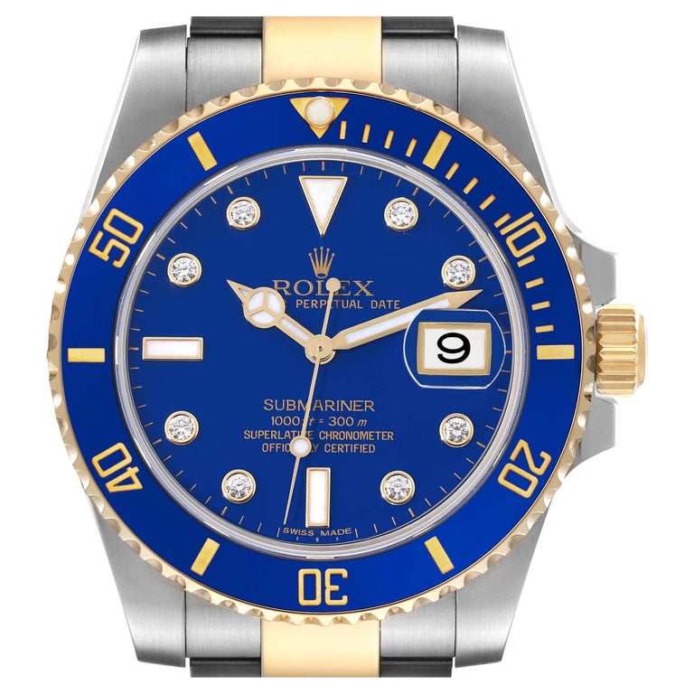 Rolex Montre Submariner en acier avec cadran en or jaune et diamants bleus  pour hommes 116613 En vente sur 1stDibs
