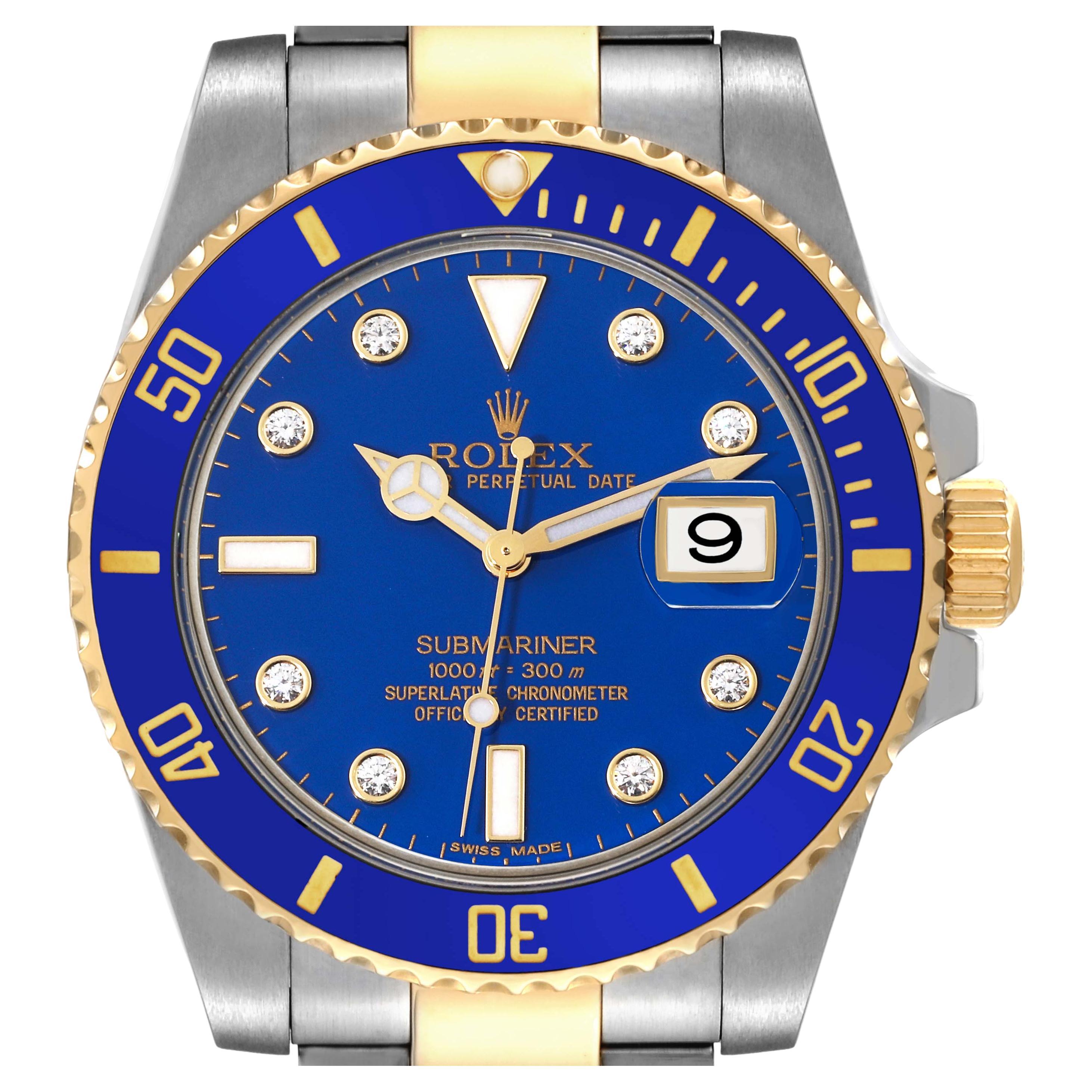 Rolex Submariner Steel Yellow Gold Blue Diamond Dial Mens Watch 116613