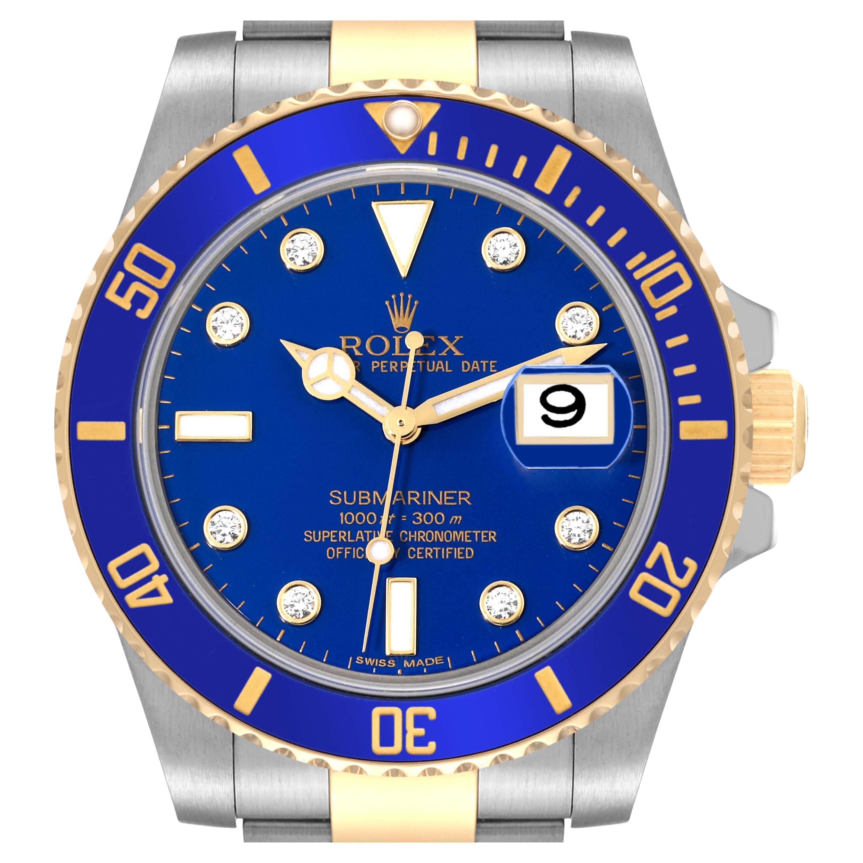 Rolex Submariner Steel Yellow Gold Blue Diamond Dial Mens Watch 116613 For Sale