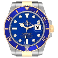 Rolex Montre Submariner en acier avec cadran en or jaune et diamants bleus pour hommes 116613