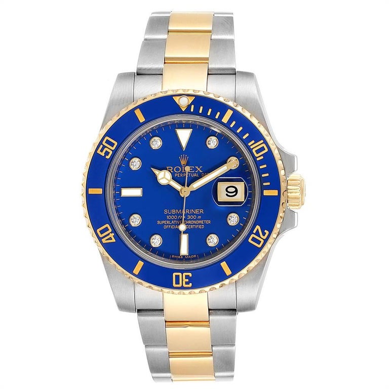 Rolex Submariner Steel Yellow Gold Diamond Blue Dial Men S Watch 116613 For Sale At 1stdibs
