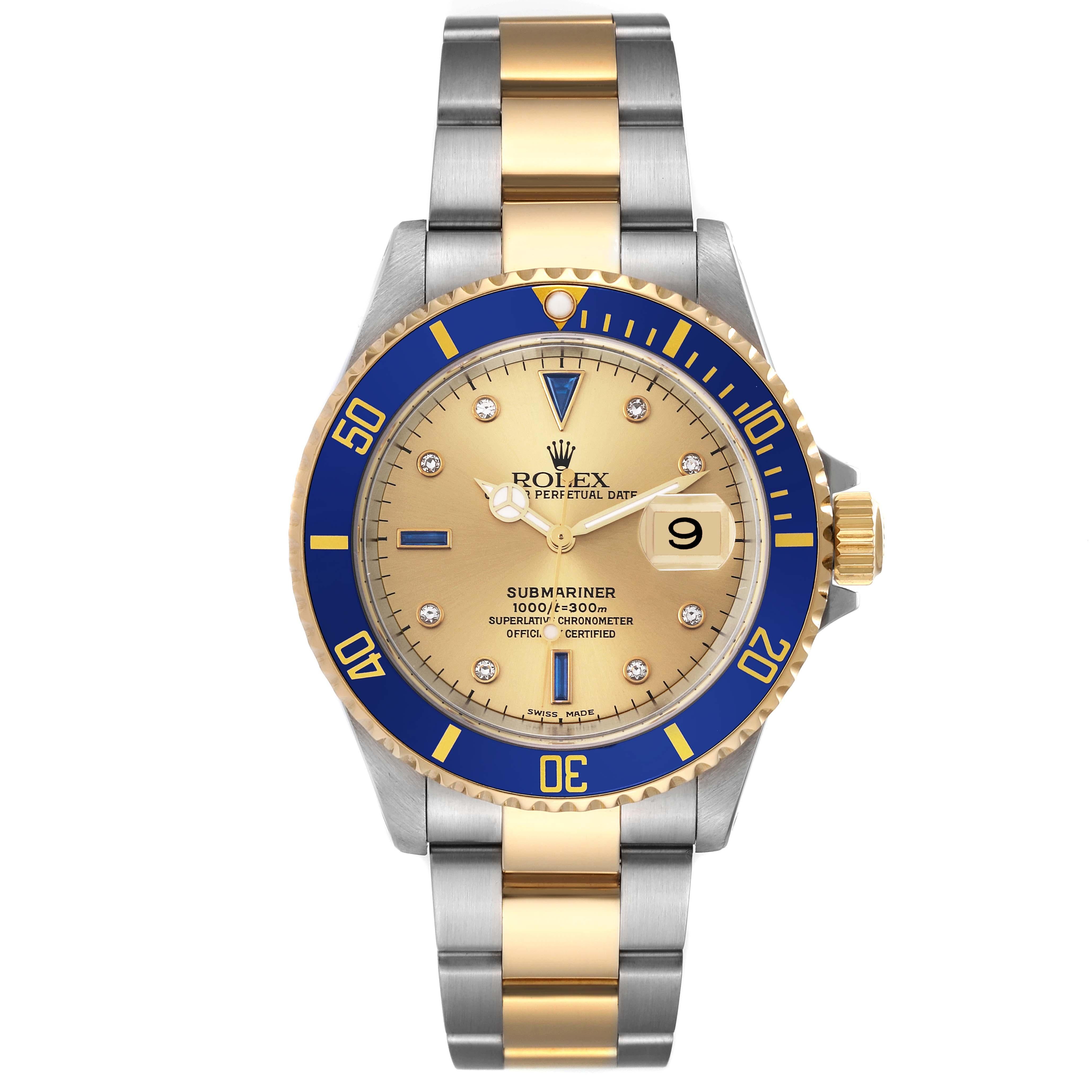 Rolex Submariner Steel Yellow Gold Diamond Sapphire Serti Dial Mens Watch 16613 1