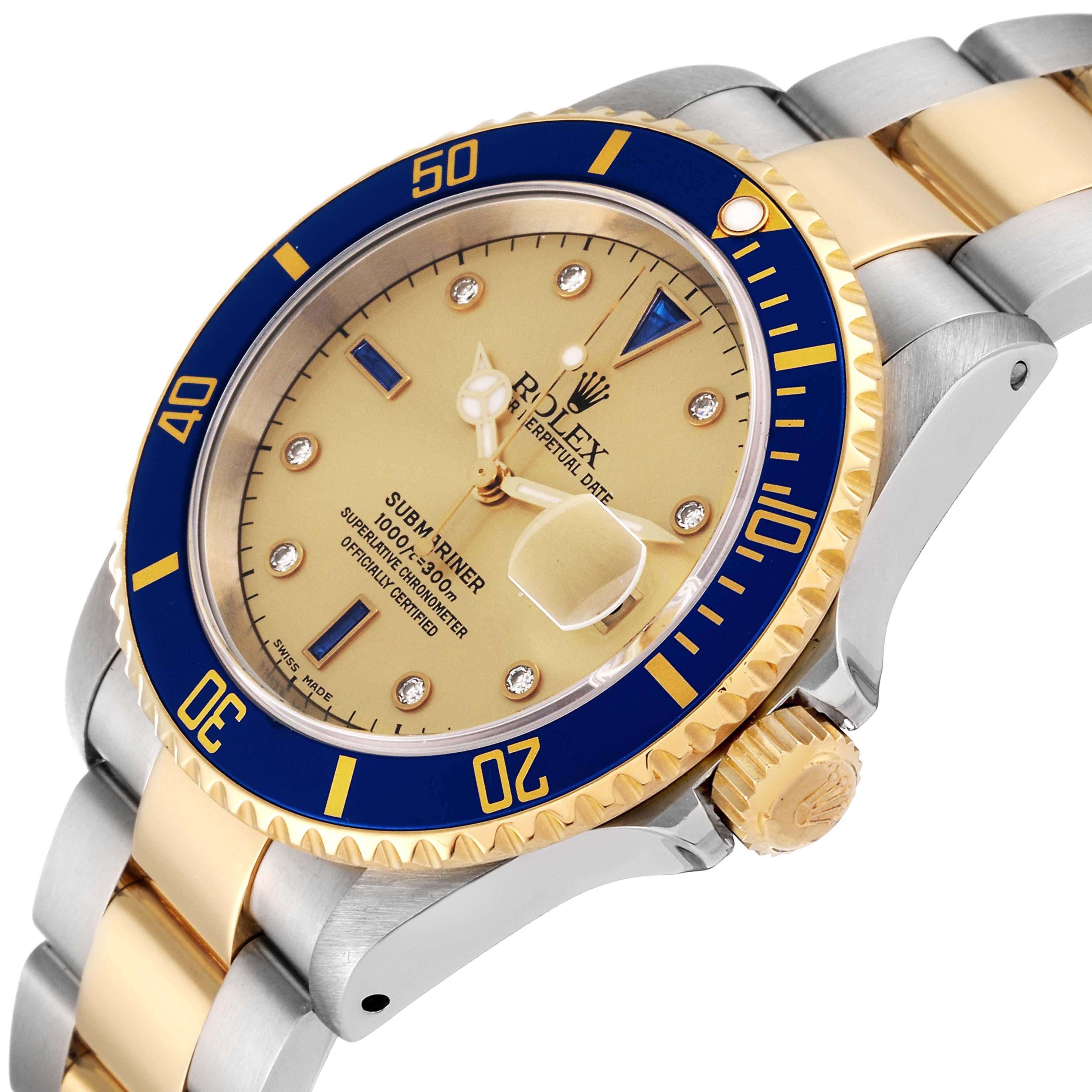Rolex Submariner Steel Yellow Gold Diamond Sapphire Serti Dial Mens Watch 16613 2