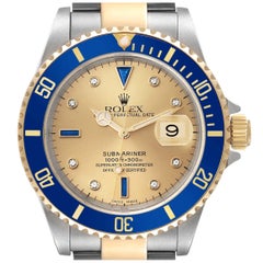 Rolex Submariner Steel Yellow Gold Diamond Sapphire Serti Dial Mens Watch 16613