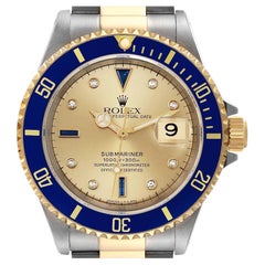 Rolex Submariner Steel Yellow Gold Diamond Sapphire Serti Dial Mens Watch 16613