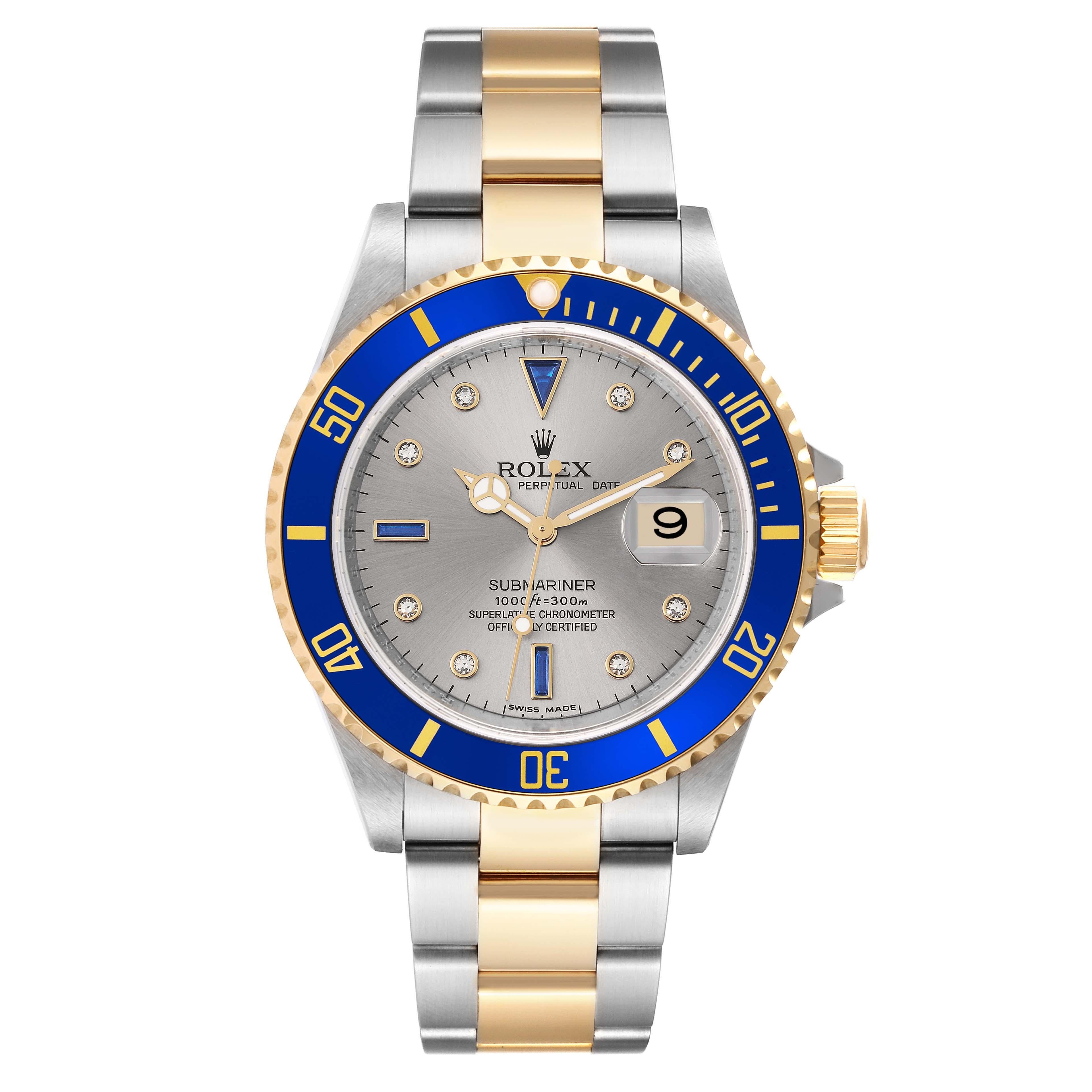 Rolex Submariner Steel Yellow Gold Diamond Sapphire Serti Dial Mens Watch 16613 Unworn NOS. Officially certified chronometer automatic self-winding movement. Stainless steel and 18k yellow gold case 40 mm in diameter. Rolex logo on the crown. Blue