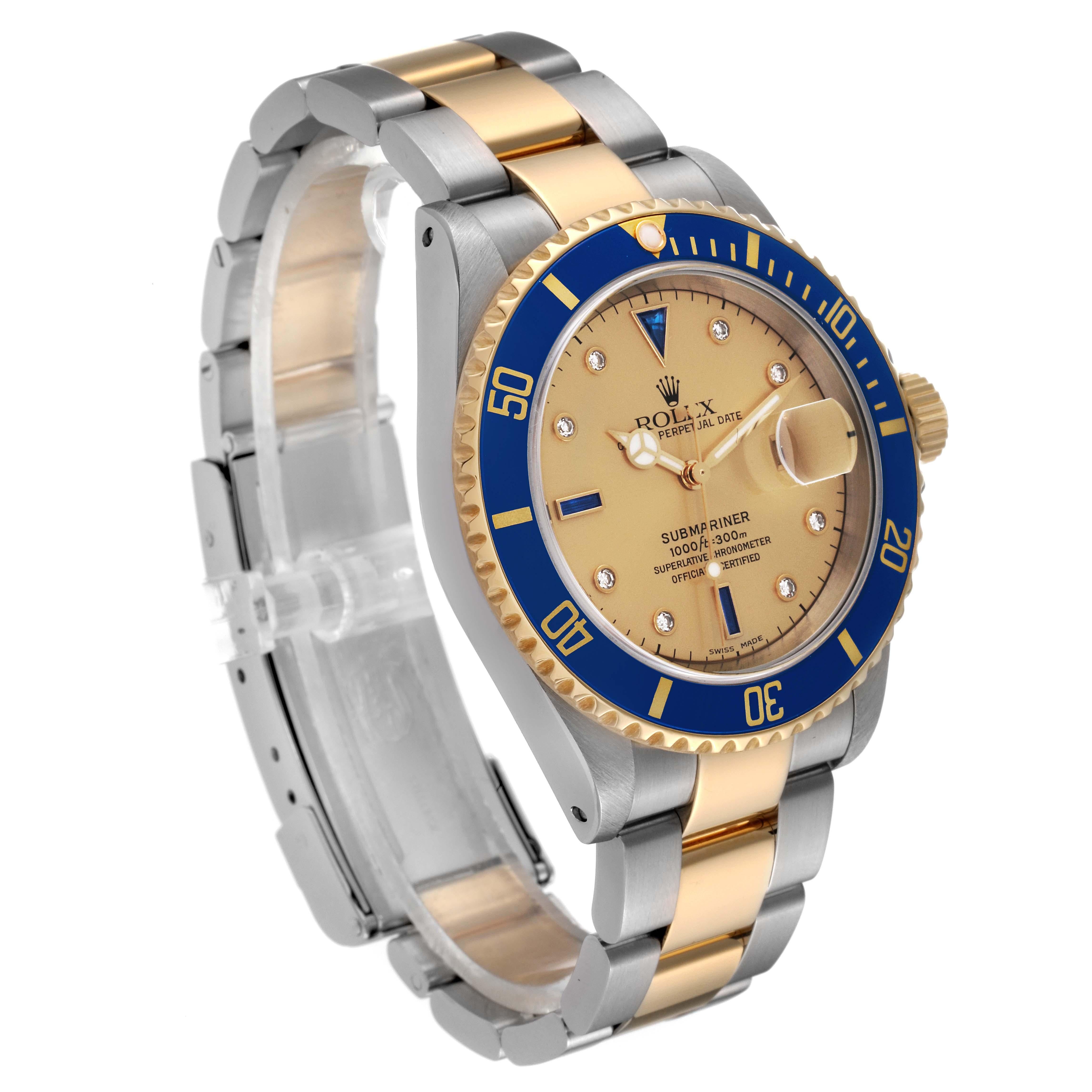 Men's Rolex Submariner Steel Yellow Gold Diamond Sapphire Serti Dial Mens Watch