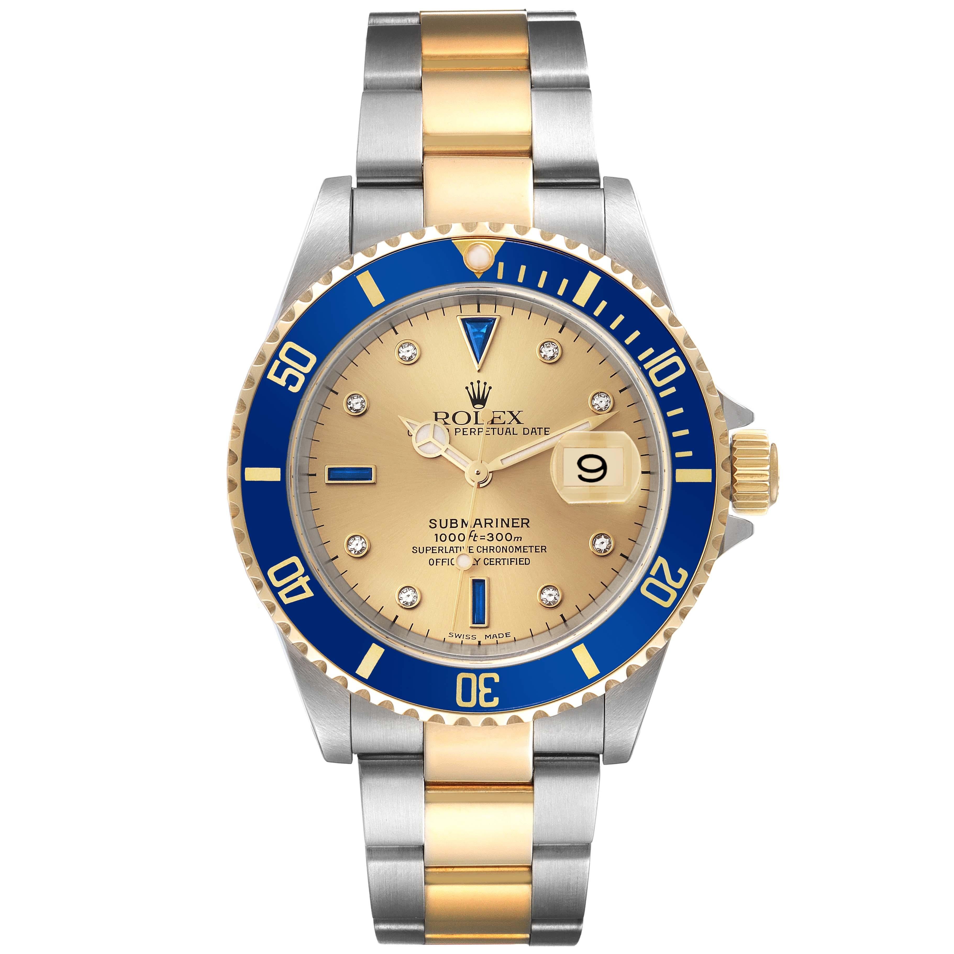 Rolex Submariner Steel Yellow Gold Diamond Sapphire Serti Dial Mens Watch 2