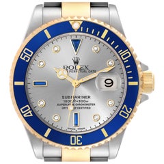 Rolex Submariner Steel Yellow Gold Diamond Sapphire Serti Dial Mens Watch