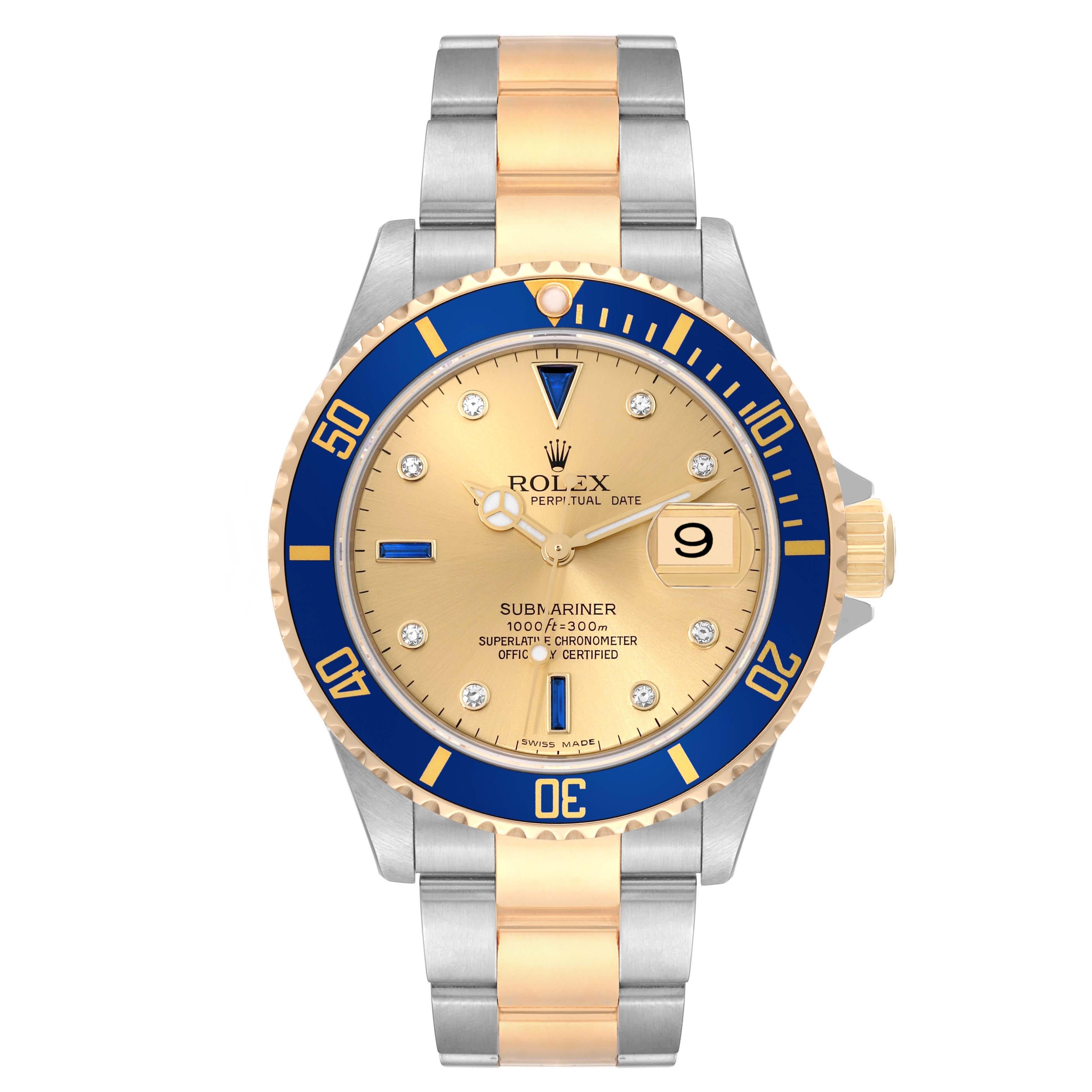 Rolex Submariner Steel Yellow Gold Diamond Serti Dial Mens Watch 16613 Box Card en vente 8