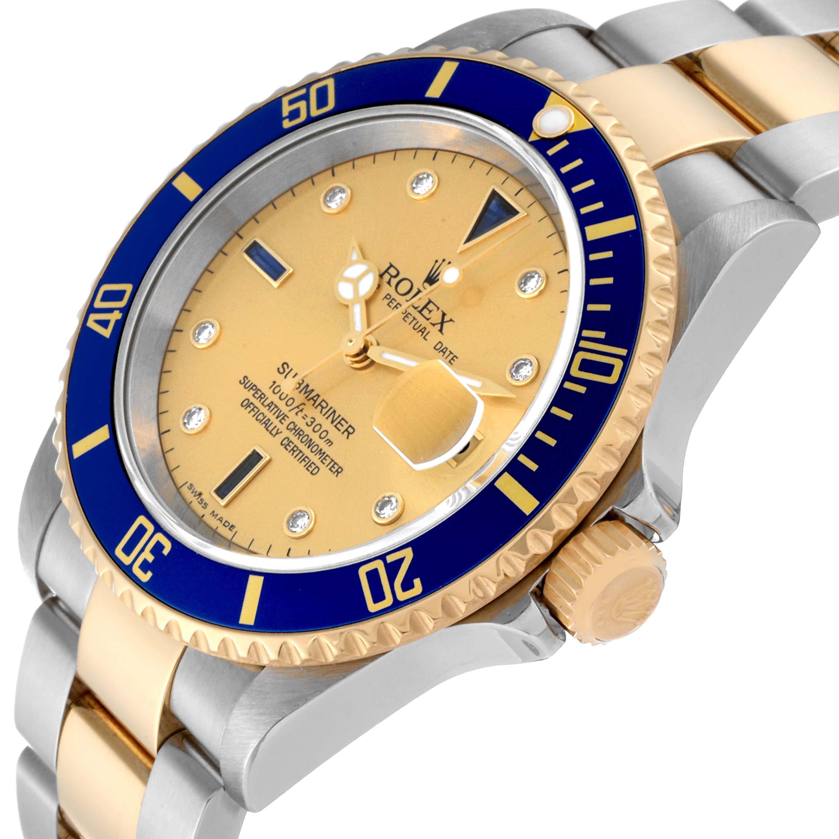 Rolex Submariner Steel Yellow Gold Diamond Serti Dial Mens Watch 16613 Box Card. Mouvement automatique à remontage automatique, officiellement certifié chronomètre. Boîtier en acier inoxydable et or jaune 18k de 40 mm de diamètre. Logo Rolex sur la