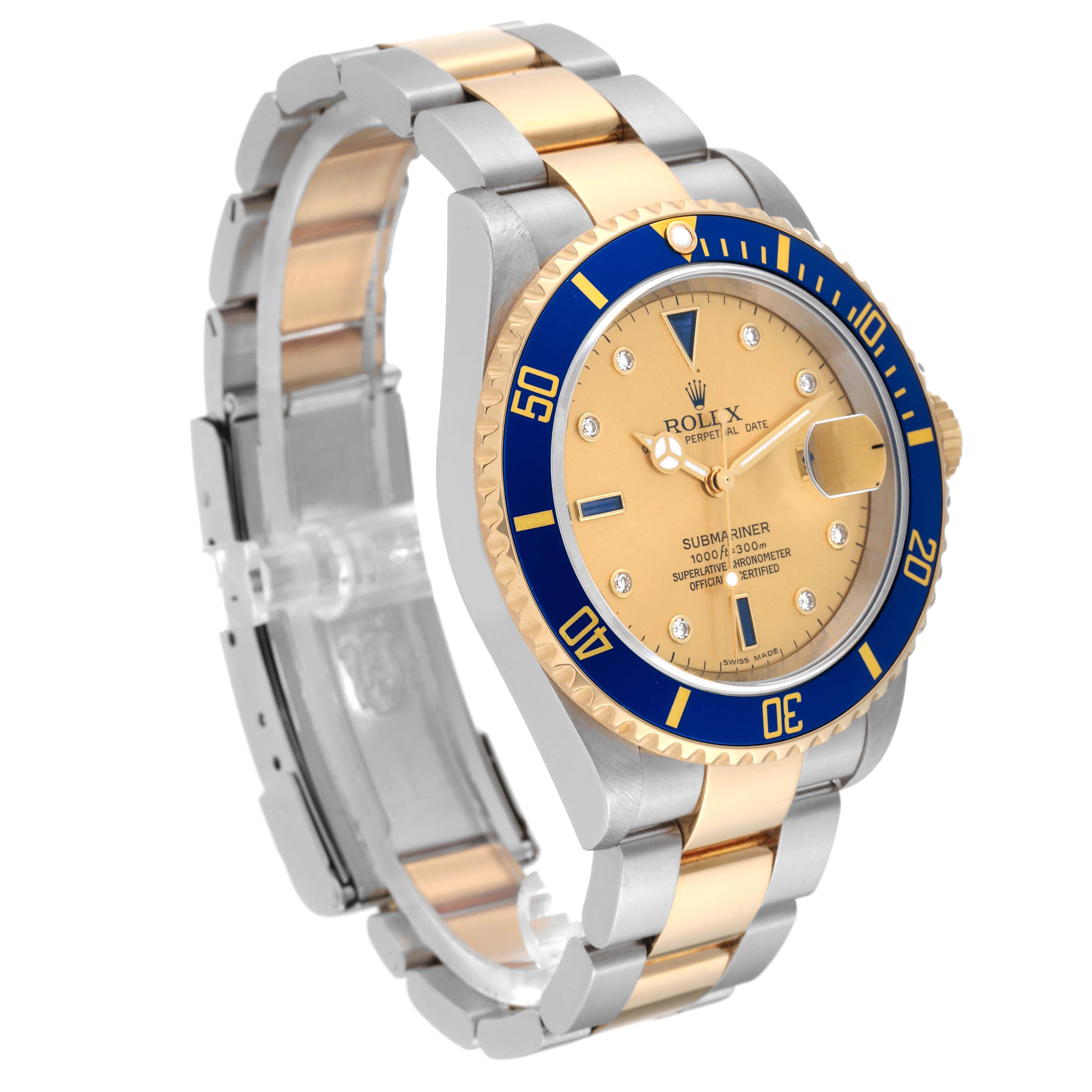 Rolex Submariner Steel Yellow Gold Diamond Serti Dial Mens Watch 16613 Box Card en vente 3